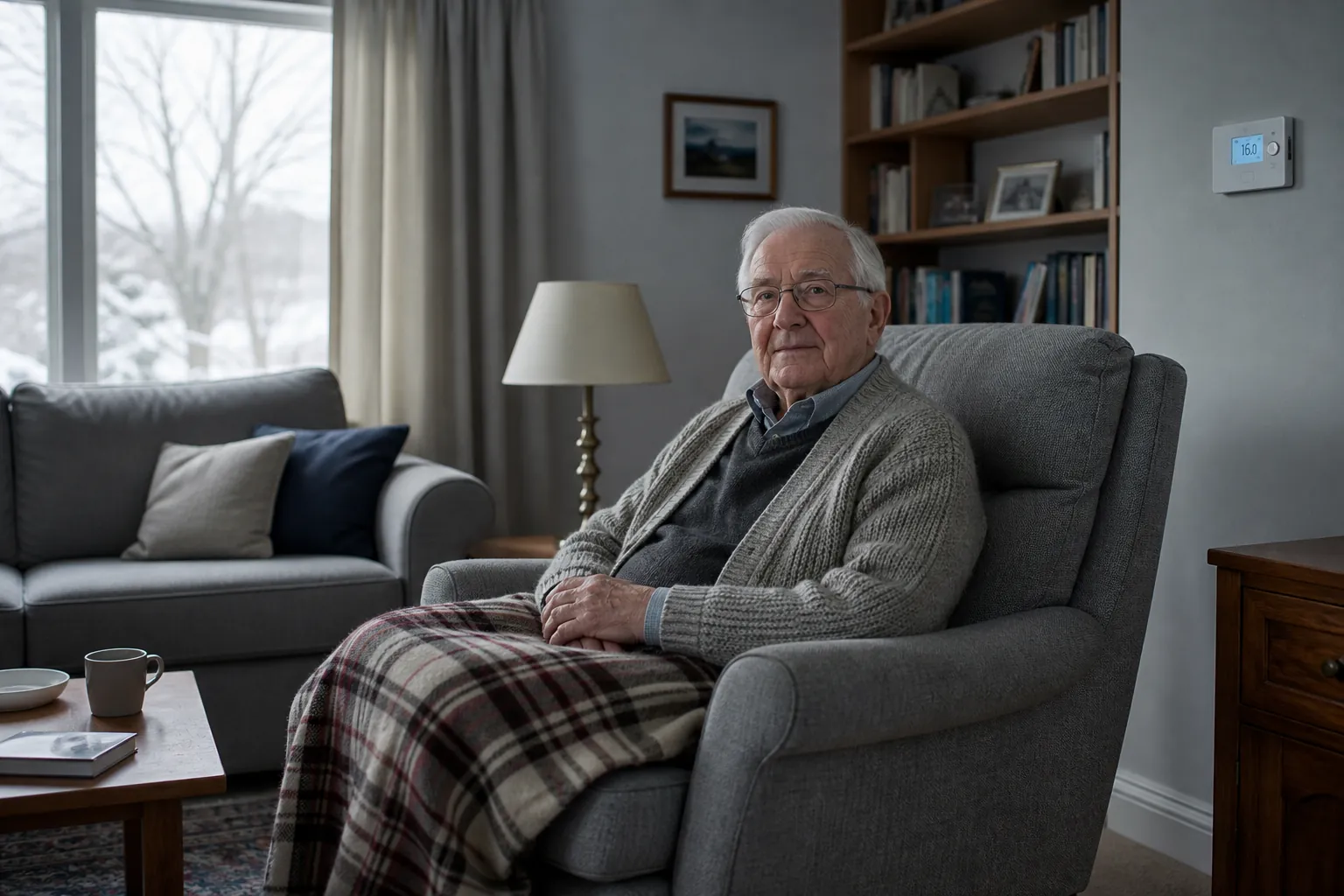 Older adult sitting calmly in a cool winter living room while a wall thermostat shows a low temperature