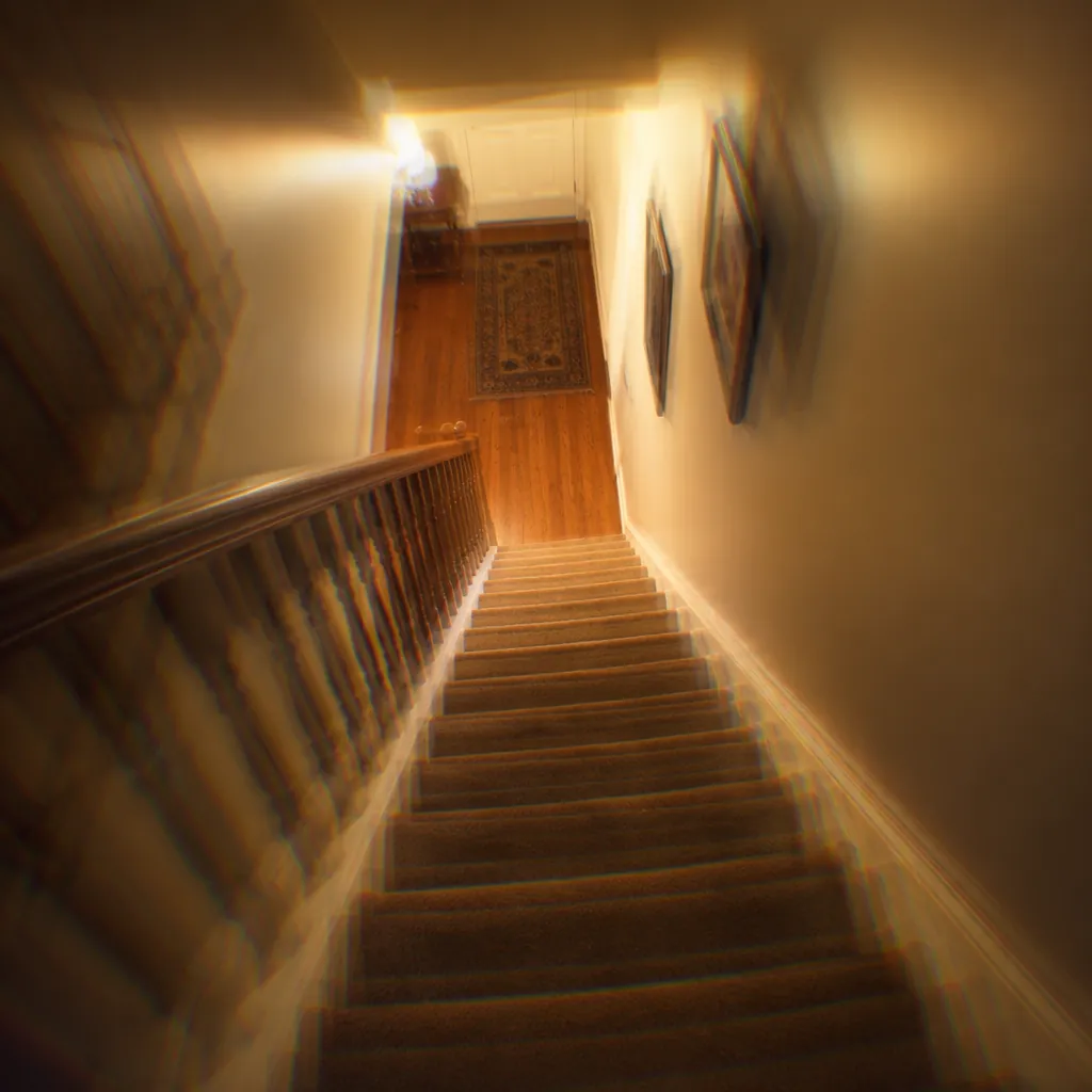 First-person view down a stairwell with halos and trailing images affecting depth perception