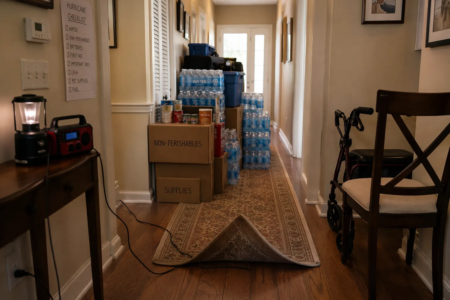 Cluttered hallway during hurricane preparation with supplies blocking the walking path, a loose rug, a walker out of reach, and a cord across the floor