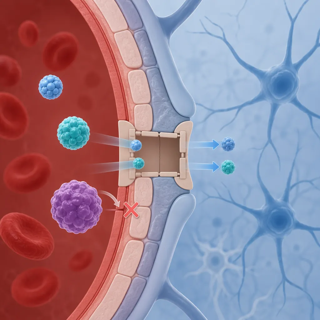 Medical illustration of a blood-brain barrier gate with some particles passing through and another blocked