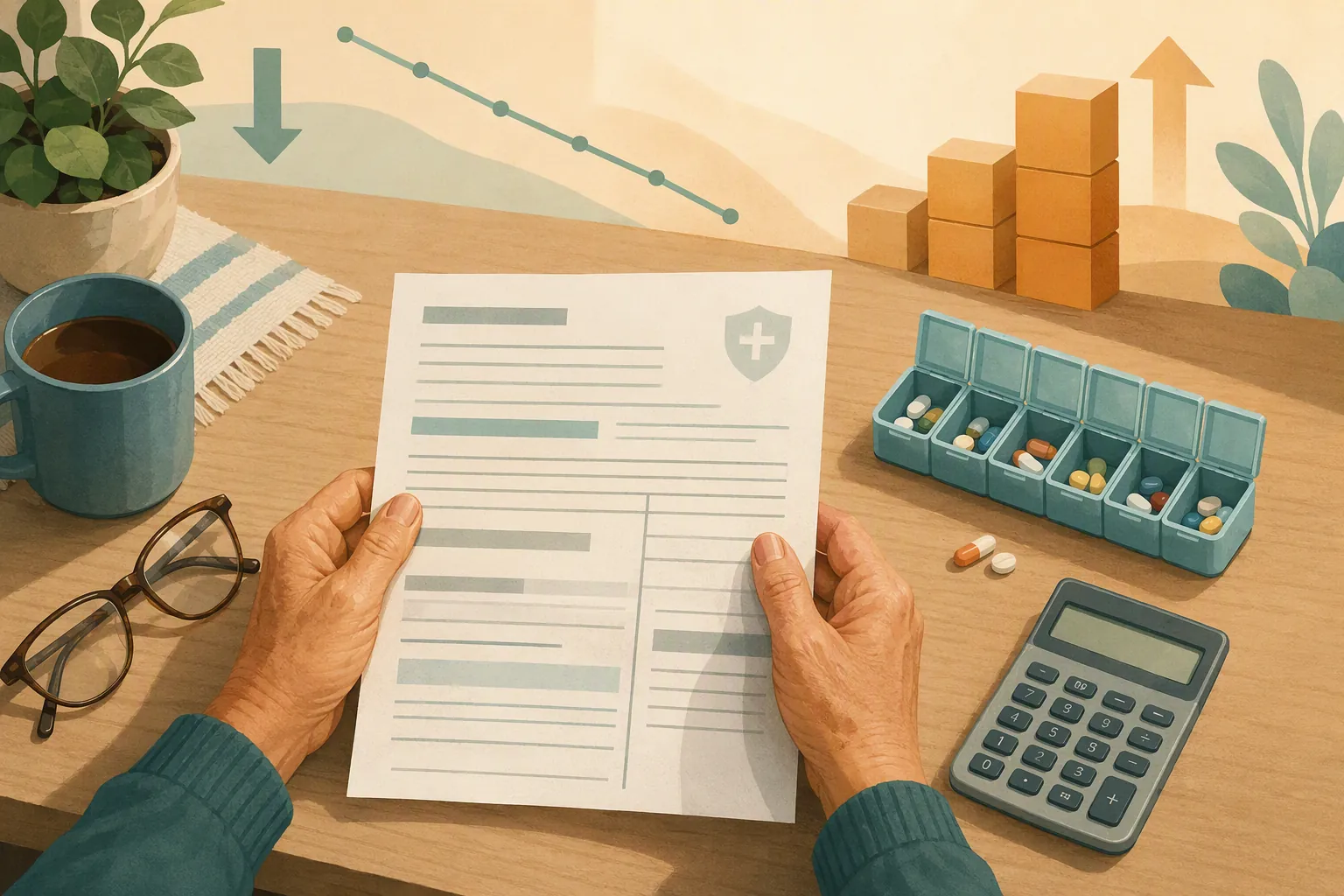 Older adult reviewing a Medicare drug plan notice beside a pill organizer and calculator