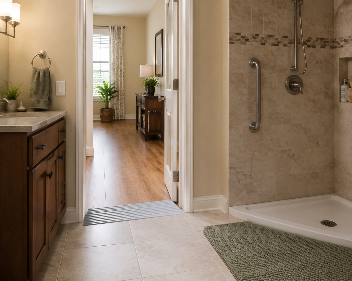 Bathroom with a grab bar, non-slip bath mat, and low threshold ramp for aging-in-place safety