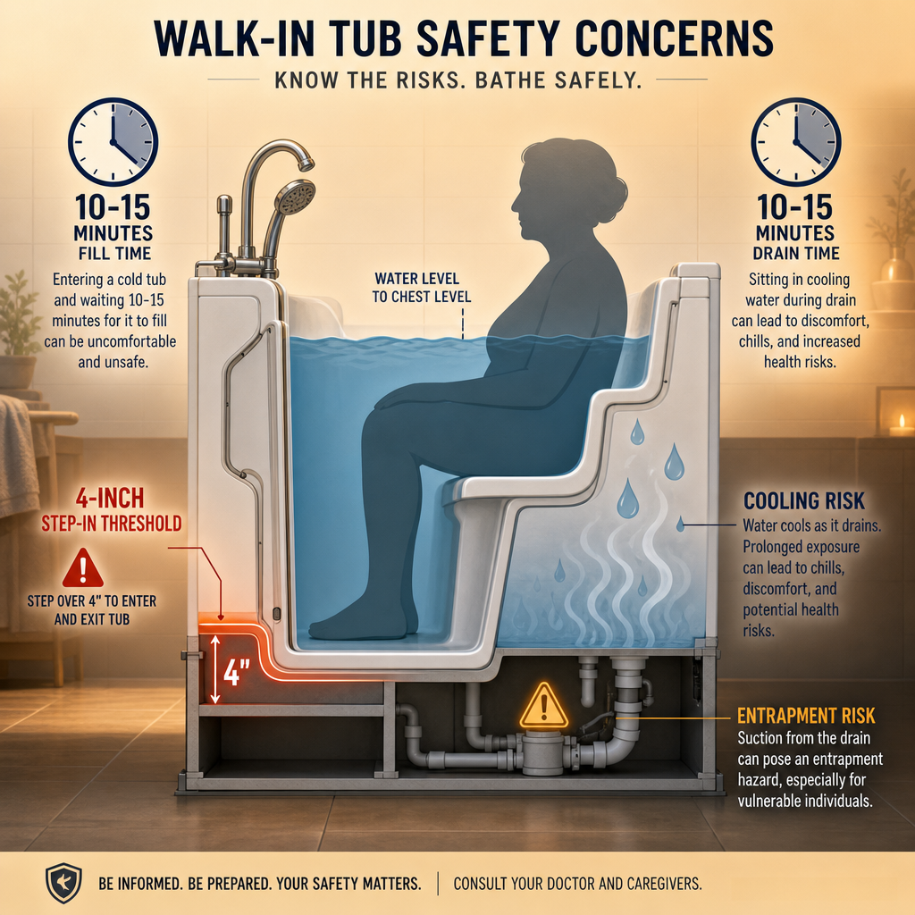Cross-section illustration of a walk-in tub with a seated silhouette, highlighting the 4-inch step-in threshold, 10-15 minute fill and drain time indicators, steam rising from cooling water during drain, and an entrapment risk warning near the drain area