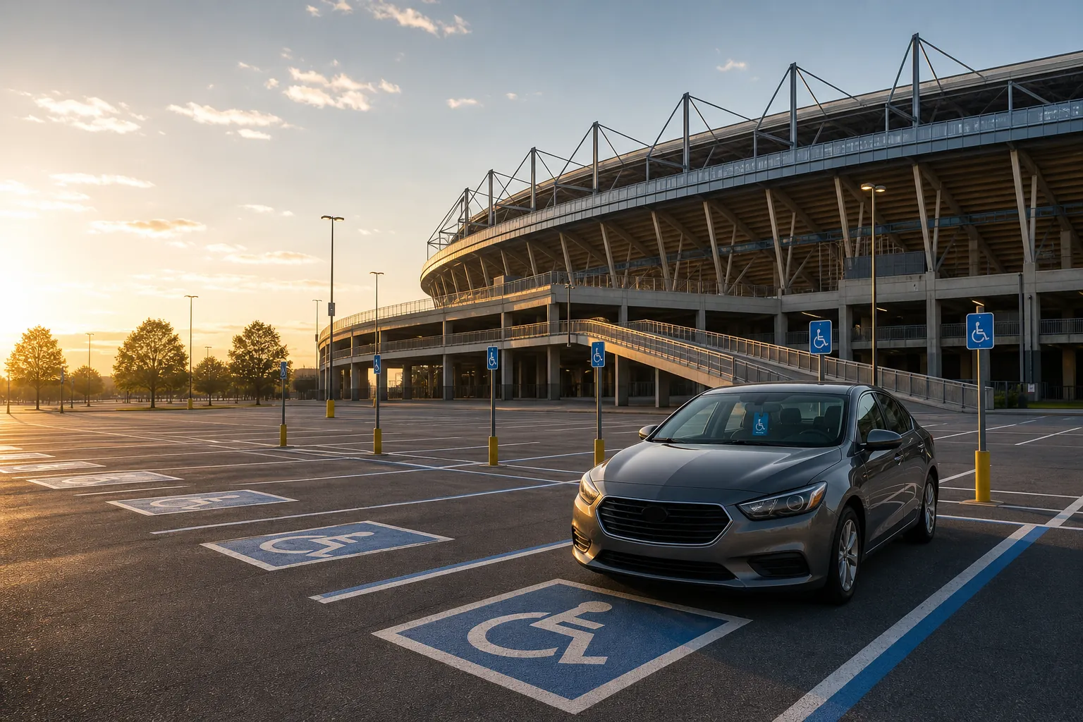 Accessible stadium parking spaces near gate-opening time with a car displaying a blue disabled parking placard