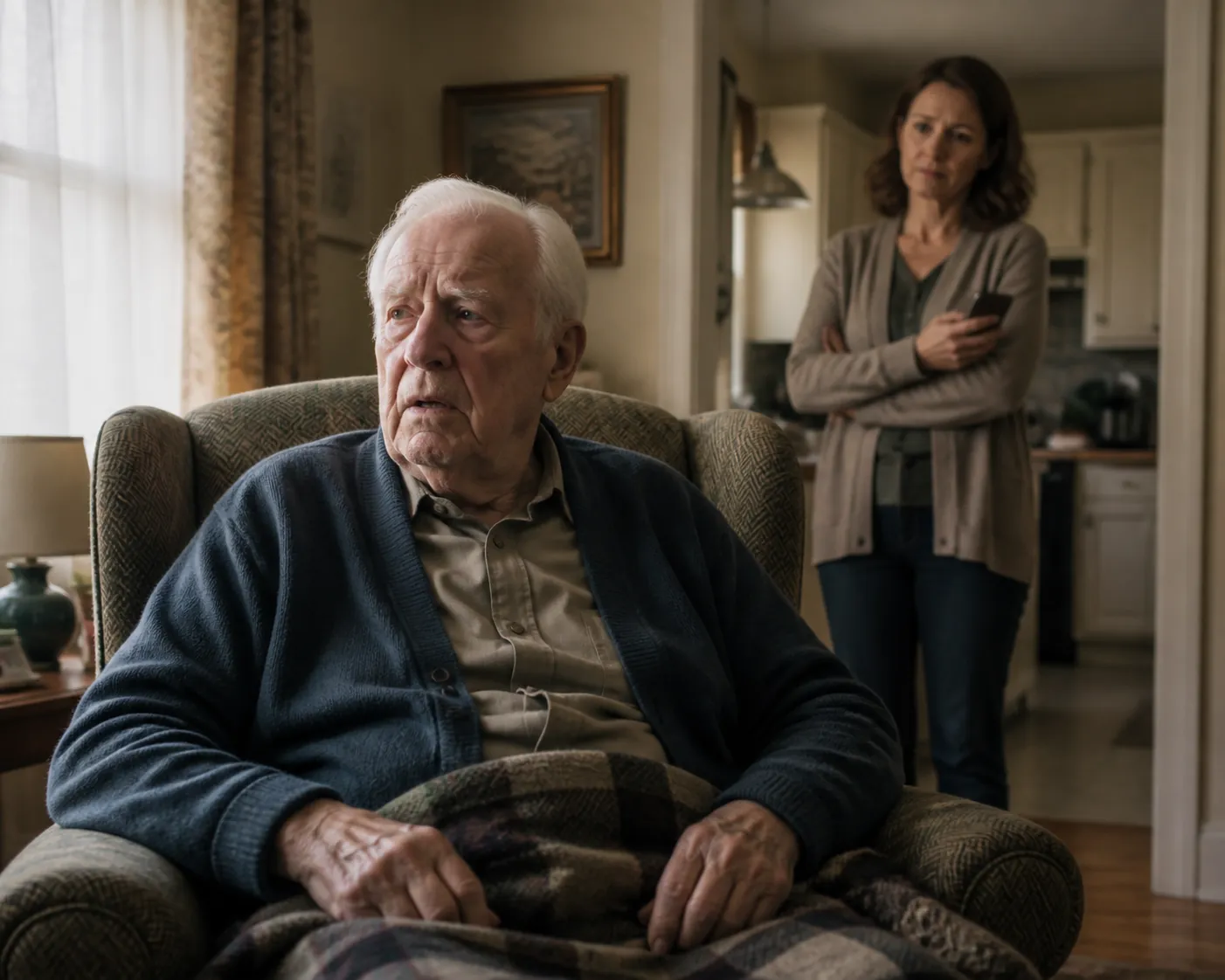 A caregiver watches from a kitchen doorway as an older adult sits slumped and confused in a living room chair