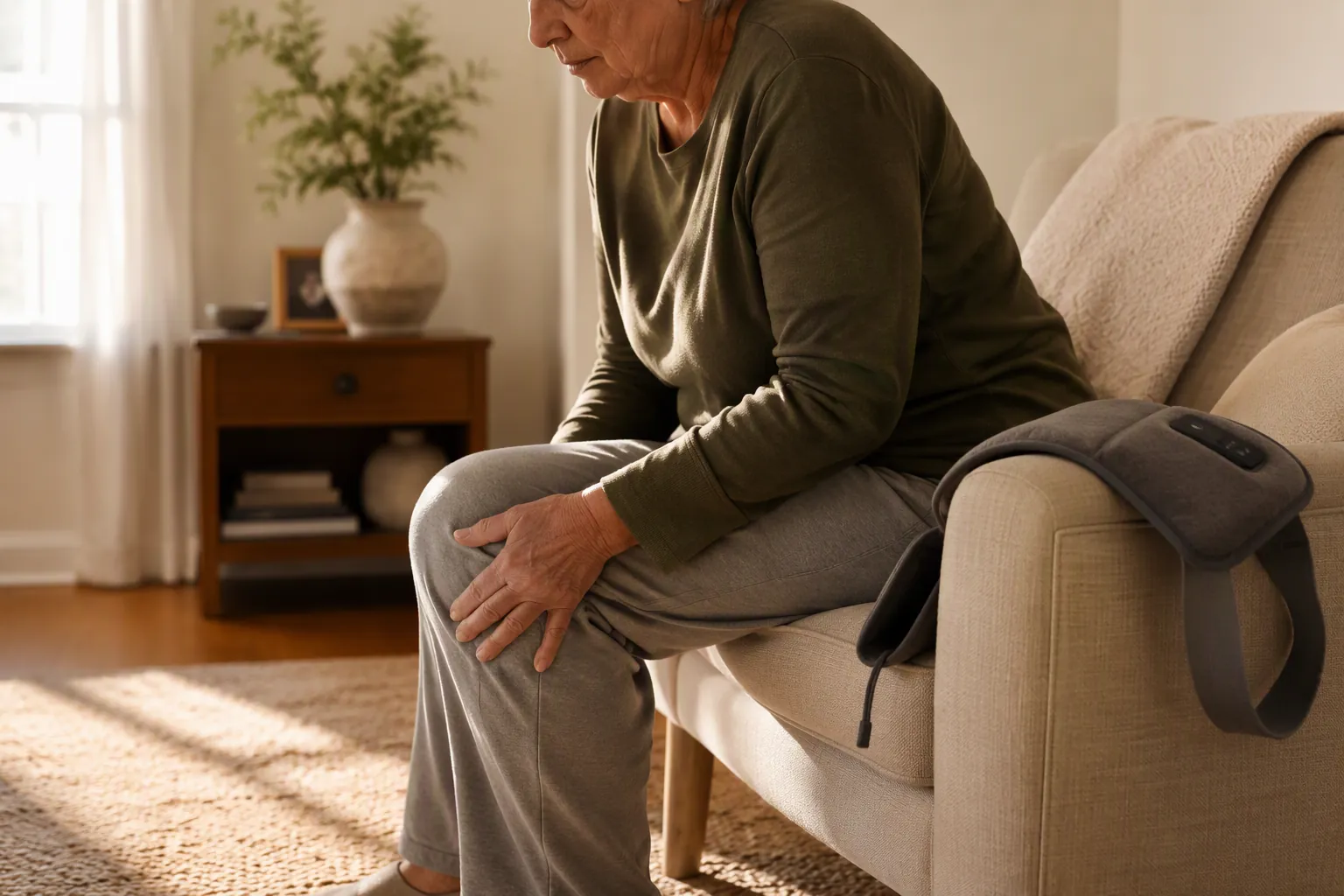 Older adult preparing to stand with a heated vibration wrap nearby