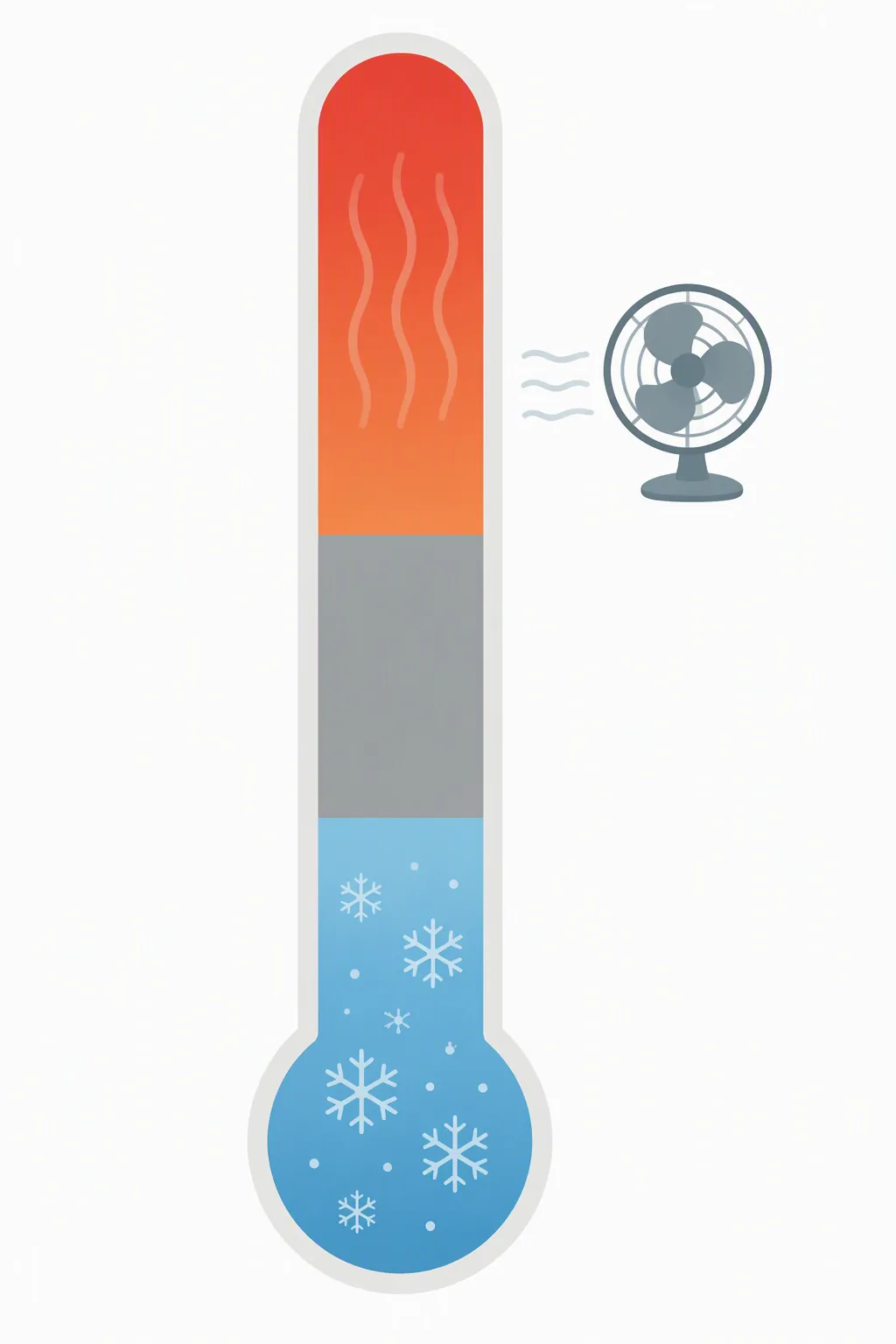Thermometer illustration showing cold, neutral, and hot zones with a fan icon