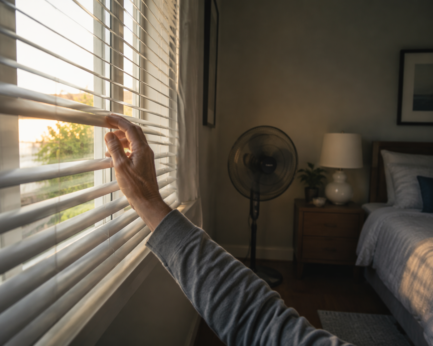 Older adult closing bedroom blinds in early morning before heat builds