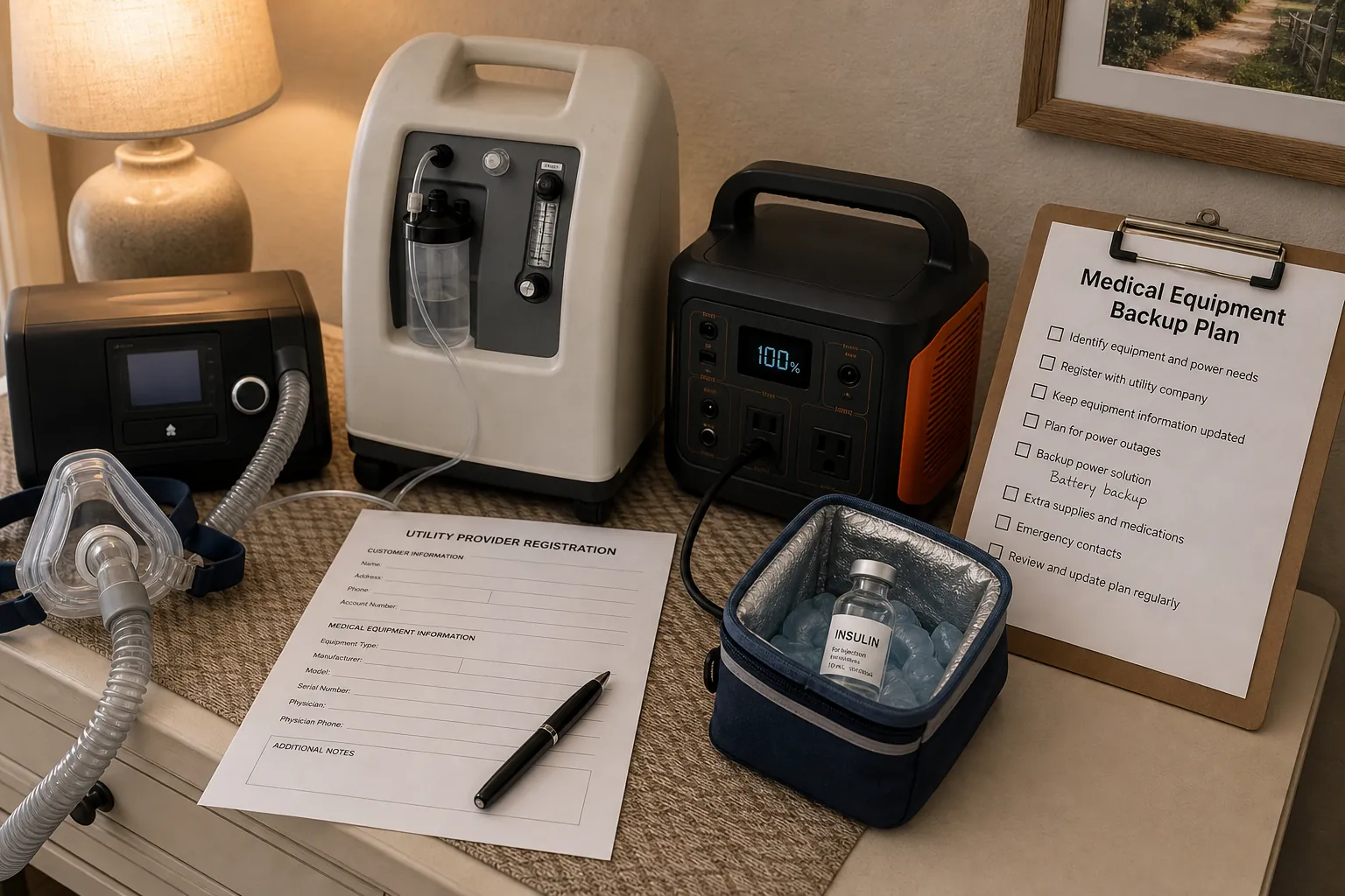 CPAP machine, oxygen concentrator, utility registration form, battery backup, insulin cooler bag, and medical equipment checklist on a nightstand