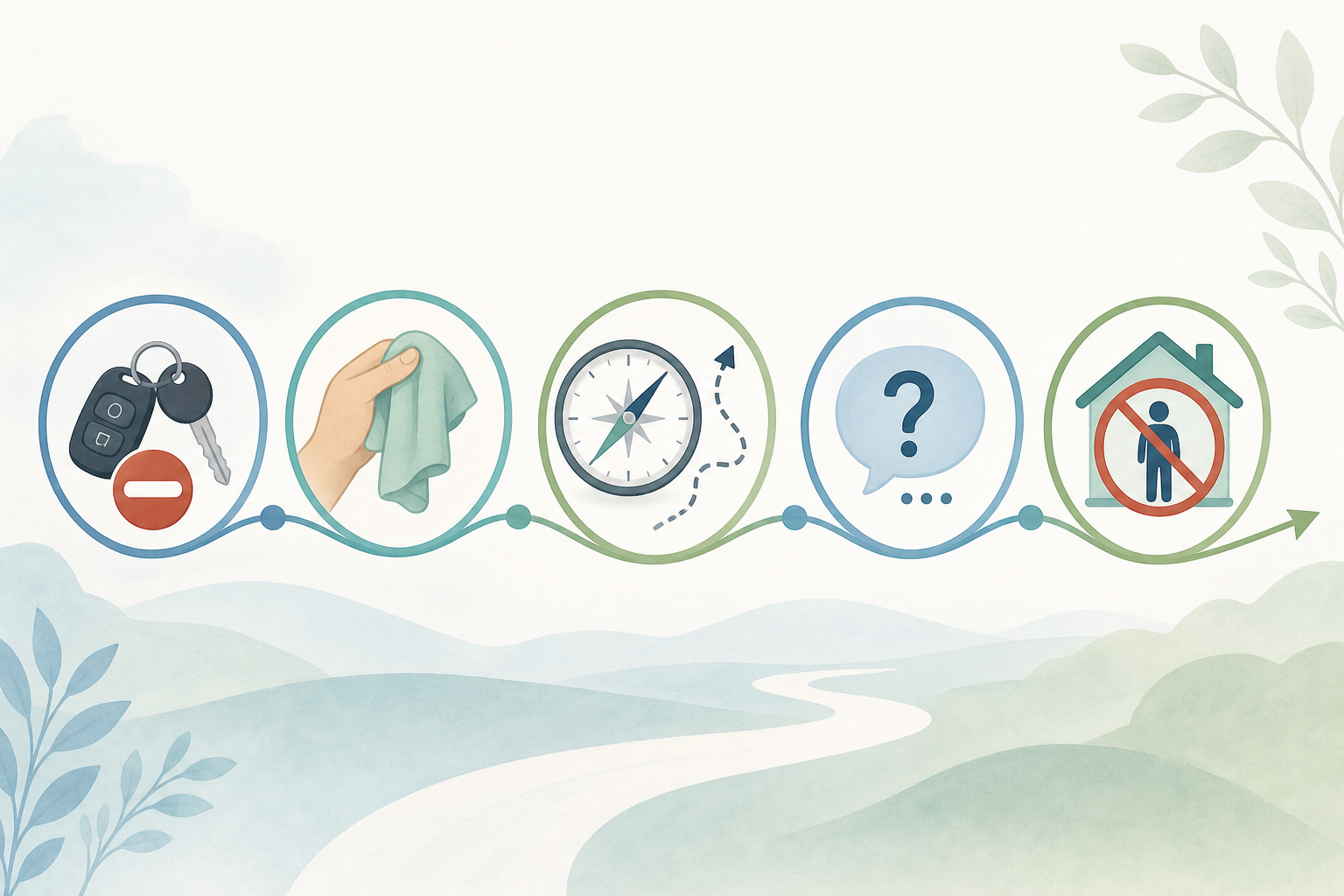 A visual roadmap showing five icon-style transition milestones arranged in a flowing path: a car key with a stop symbol, a hand with a washcloth, a compass with an off-path arrow, a speech bubble with a question mark, and a house with a crossed-out figure.