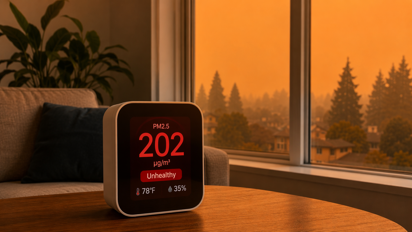 Indoor air quality monitor showing a high PM2.5 reading during smoky wildfire conditions