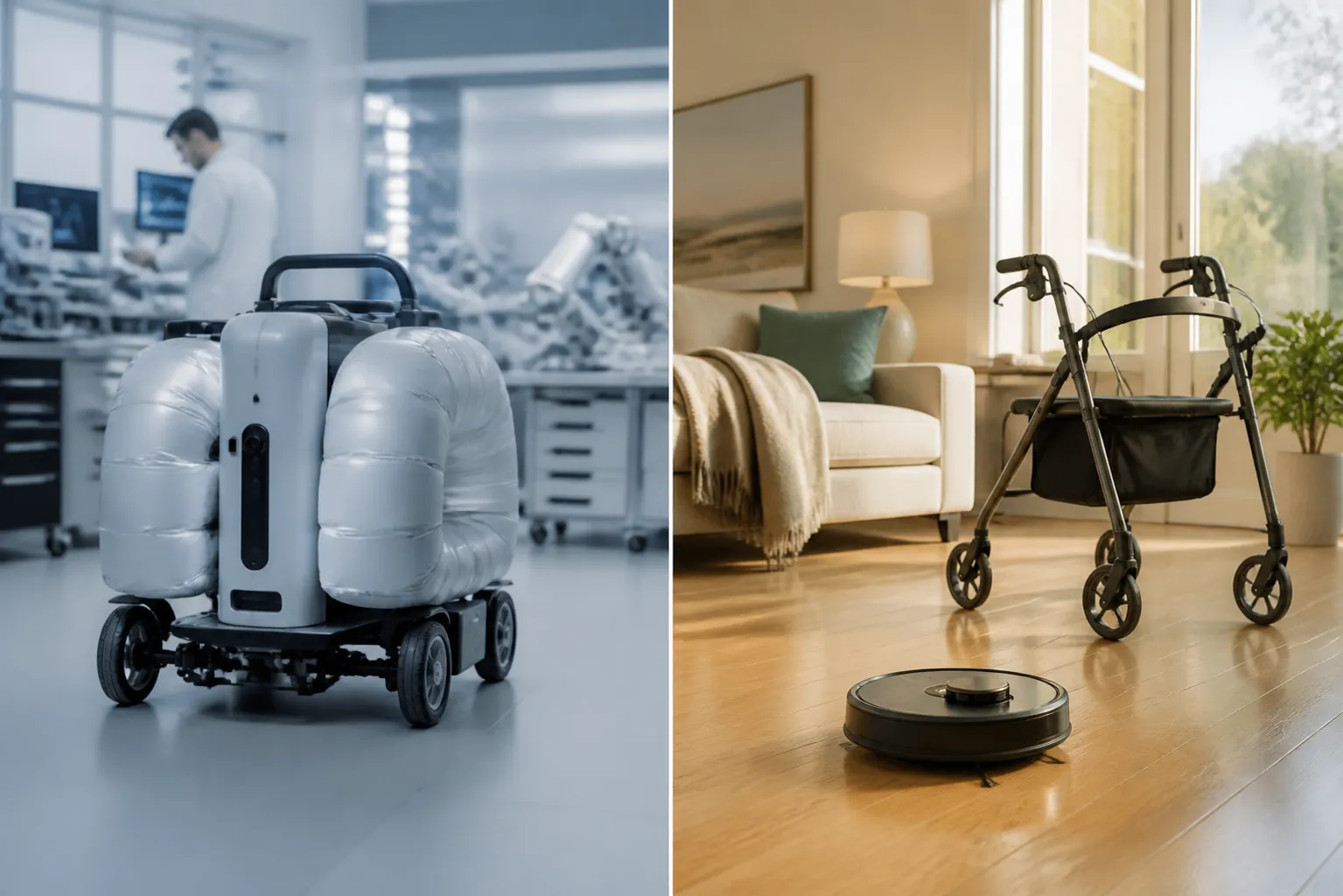 Split view of a lab-stage elder-care robot and a practical home setup with a robot vacuum and rollator walker