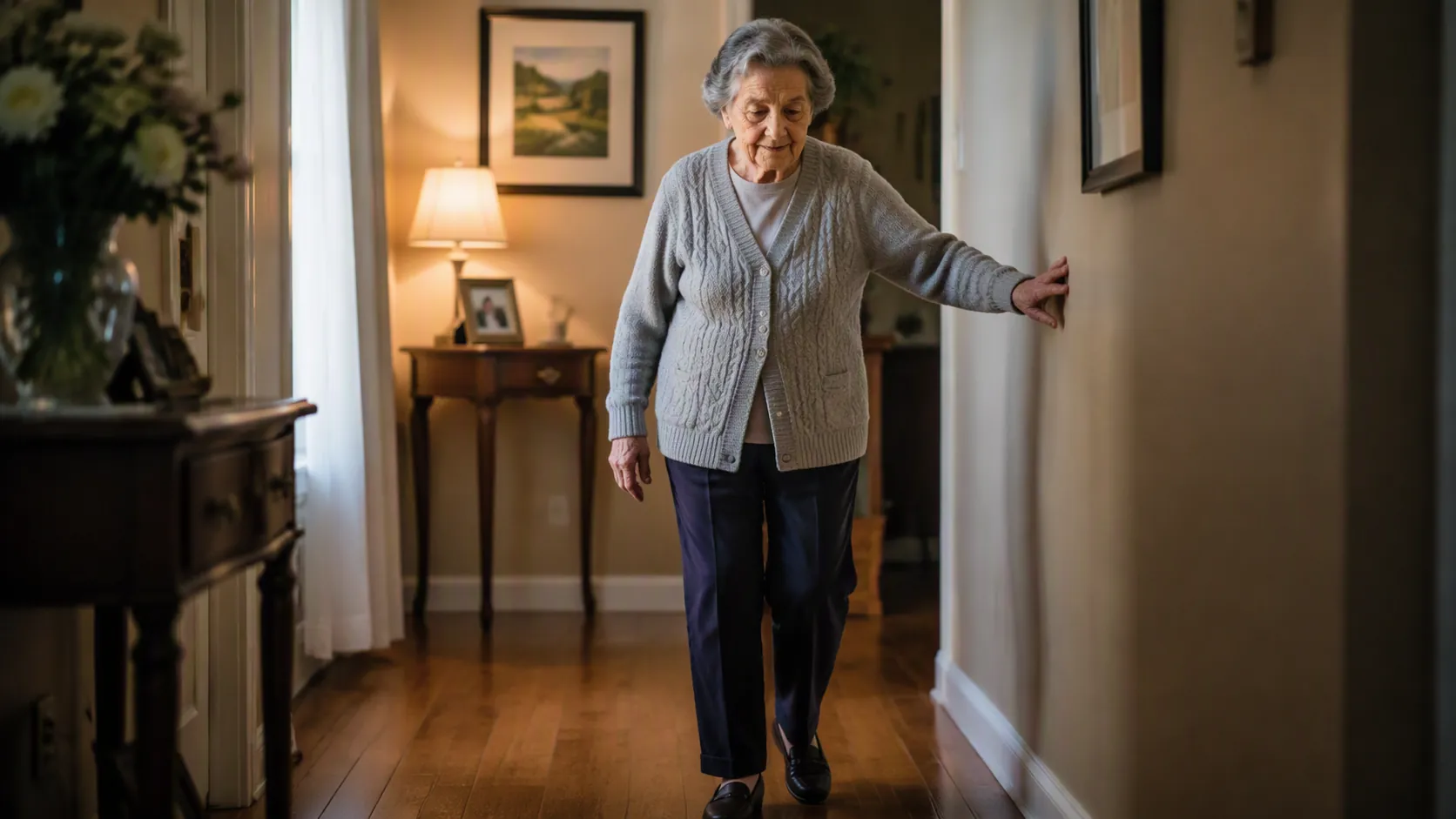 Older woman walking carefully through a dim hallway with one hand near the wall for balance