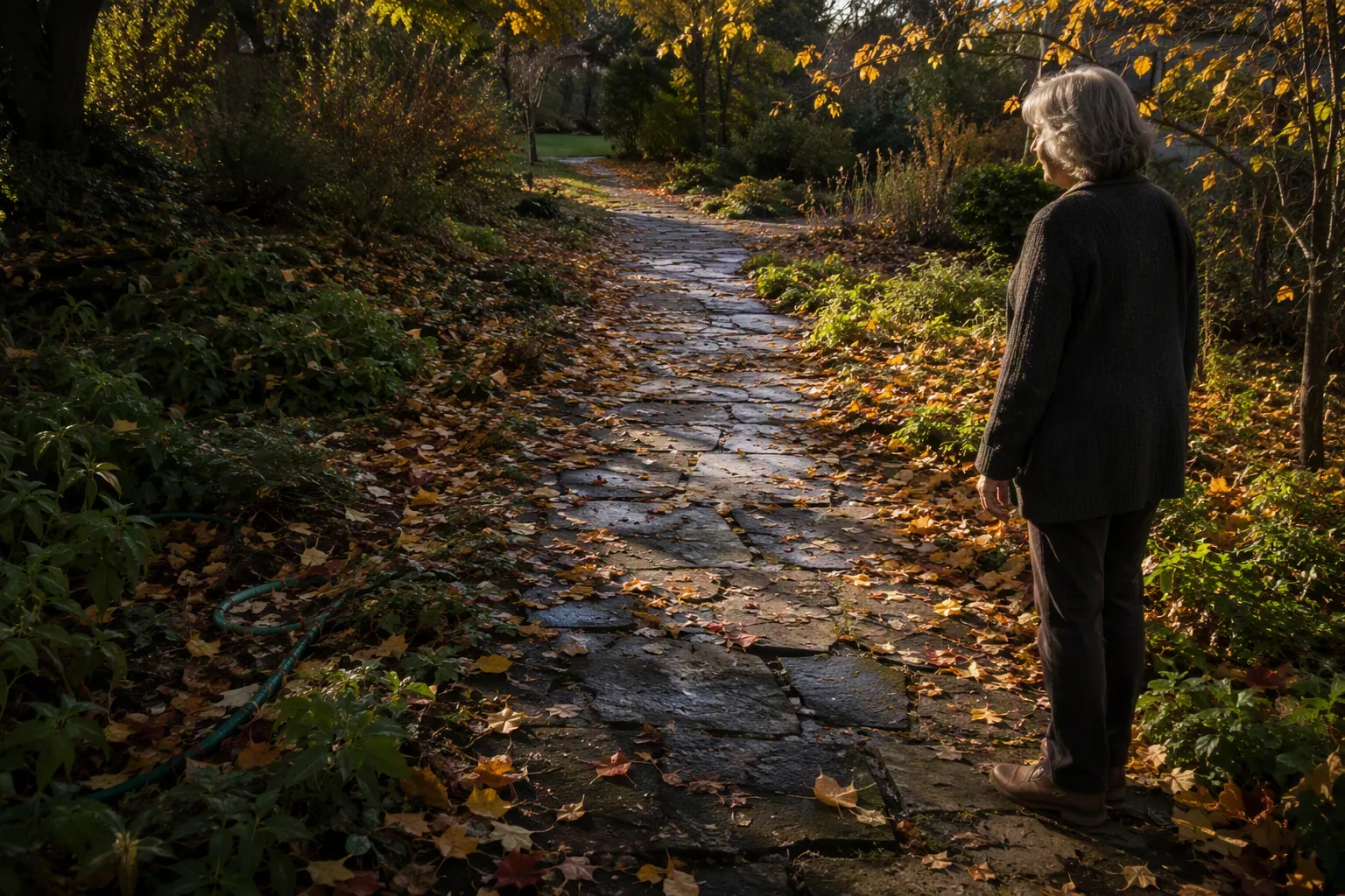 Autumn garden path with wet leaves, a partly hidden hose, uneven paving stones, and an older woman scanning the route