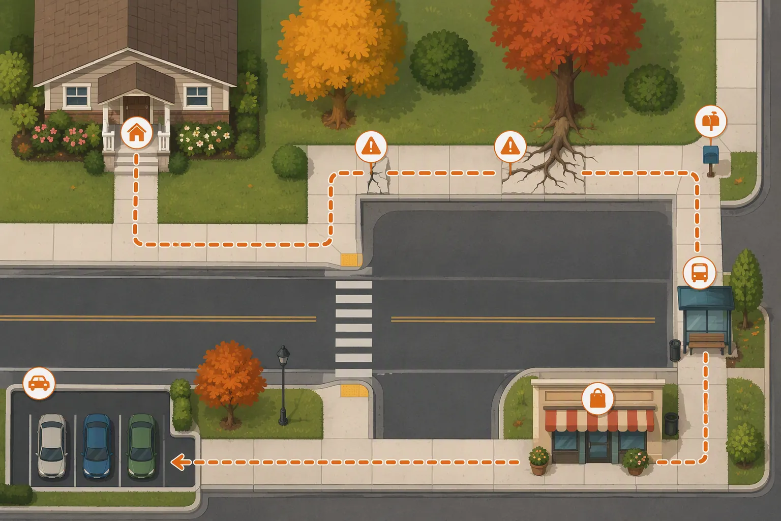 Top-down illustration of a neighborhood fall-safety route from a home to sidewalk hazards, crosswalk, mailbox, bus stop, shop, and parking lot