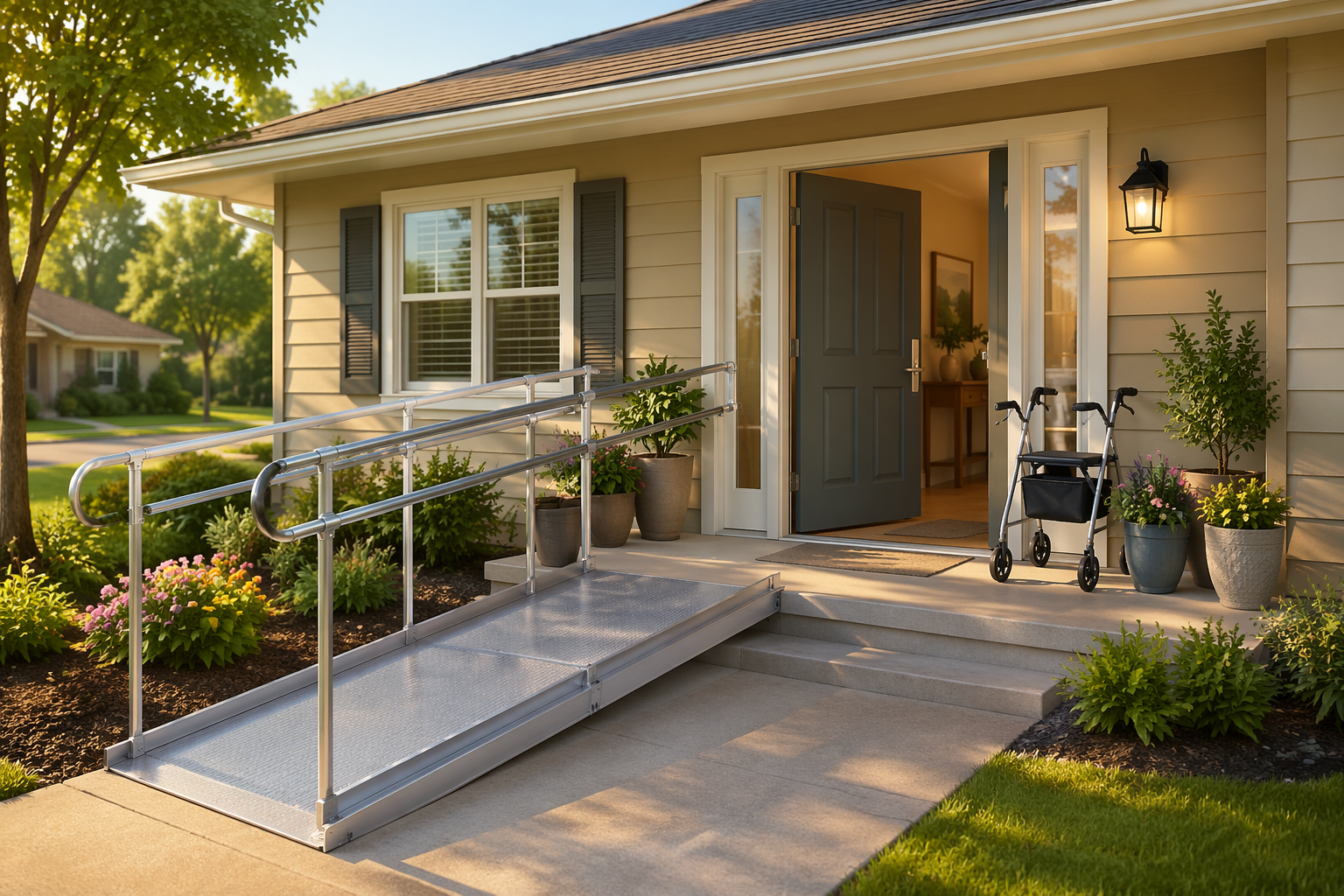 Digital illustration of a single-story residential home entryway with a gentle sloped modular aluminum wheelchair ramp with railings leading to a widened front door with a lever-style handle and zero-step threshold. A walker is near the door. Potted plants on the porch. Soft afternoon sunlight.
