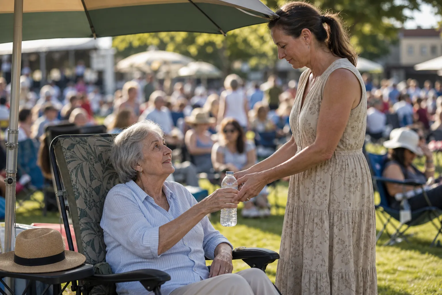 Older woman seated under a canopy at a sunny outdoor event with her adult daughter nearby