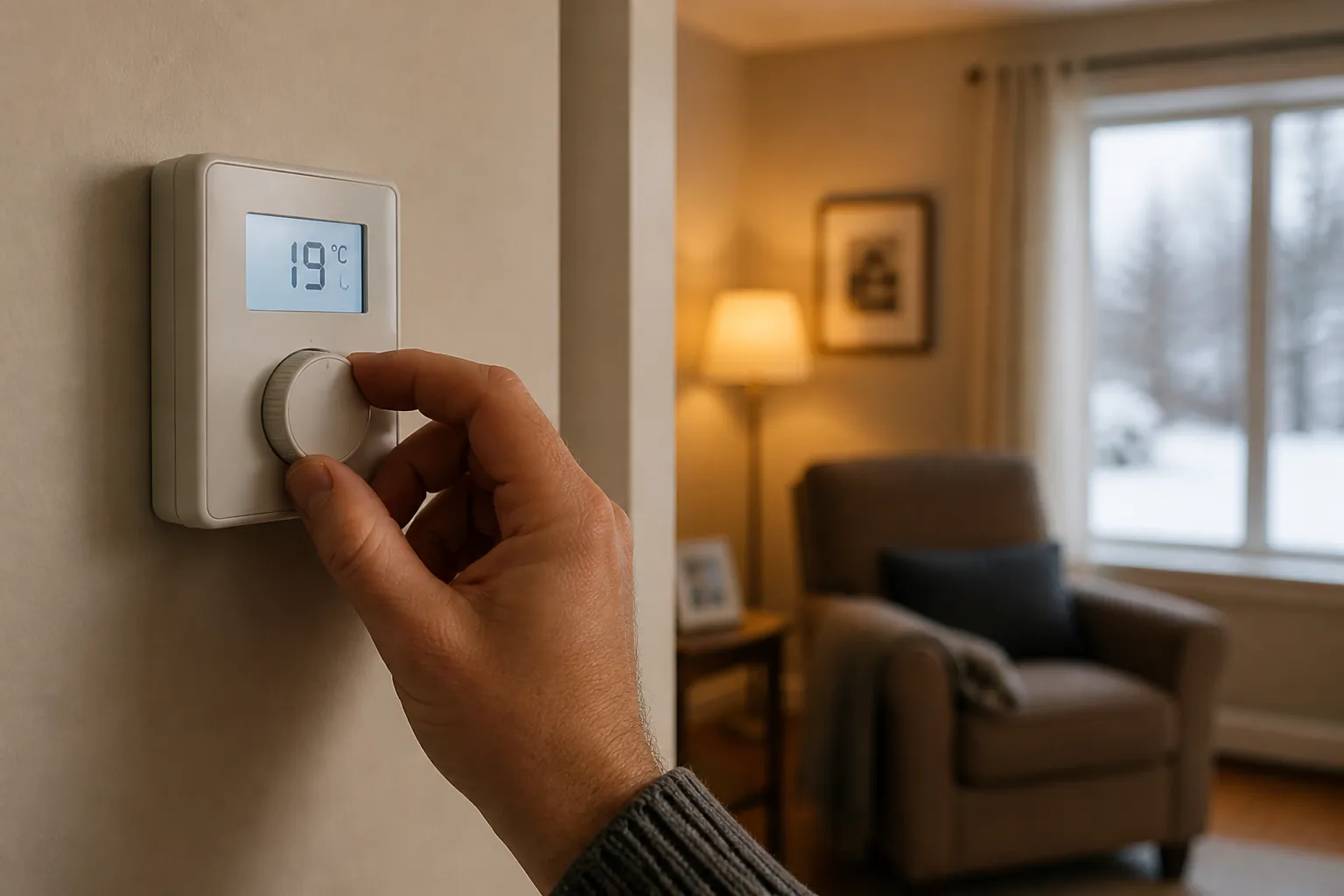 Hand adjusting a wall thermostat in a living room before winter