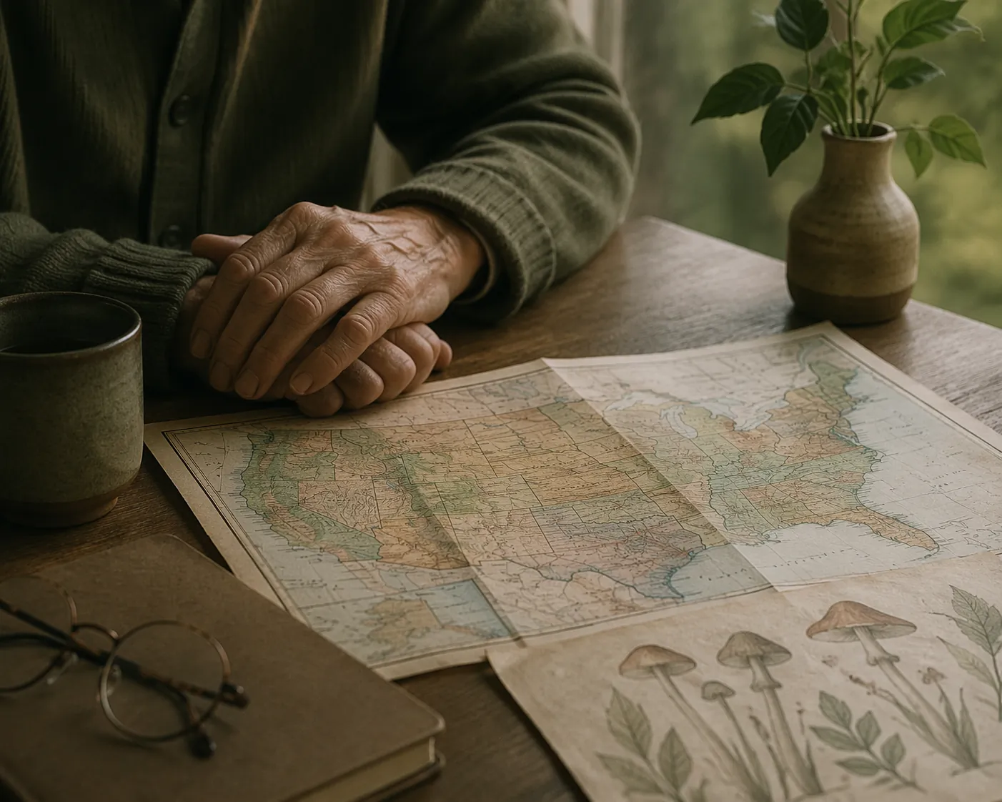 Older hands beside a folded map of the United States on a wooden table