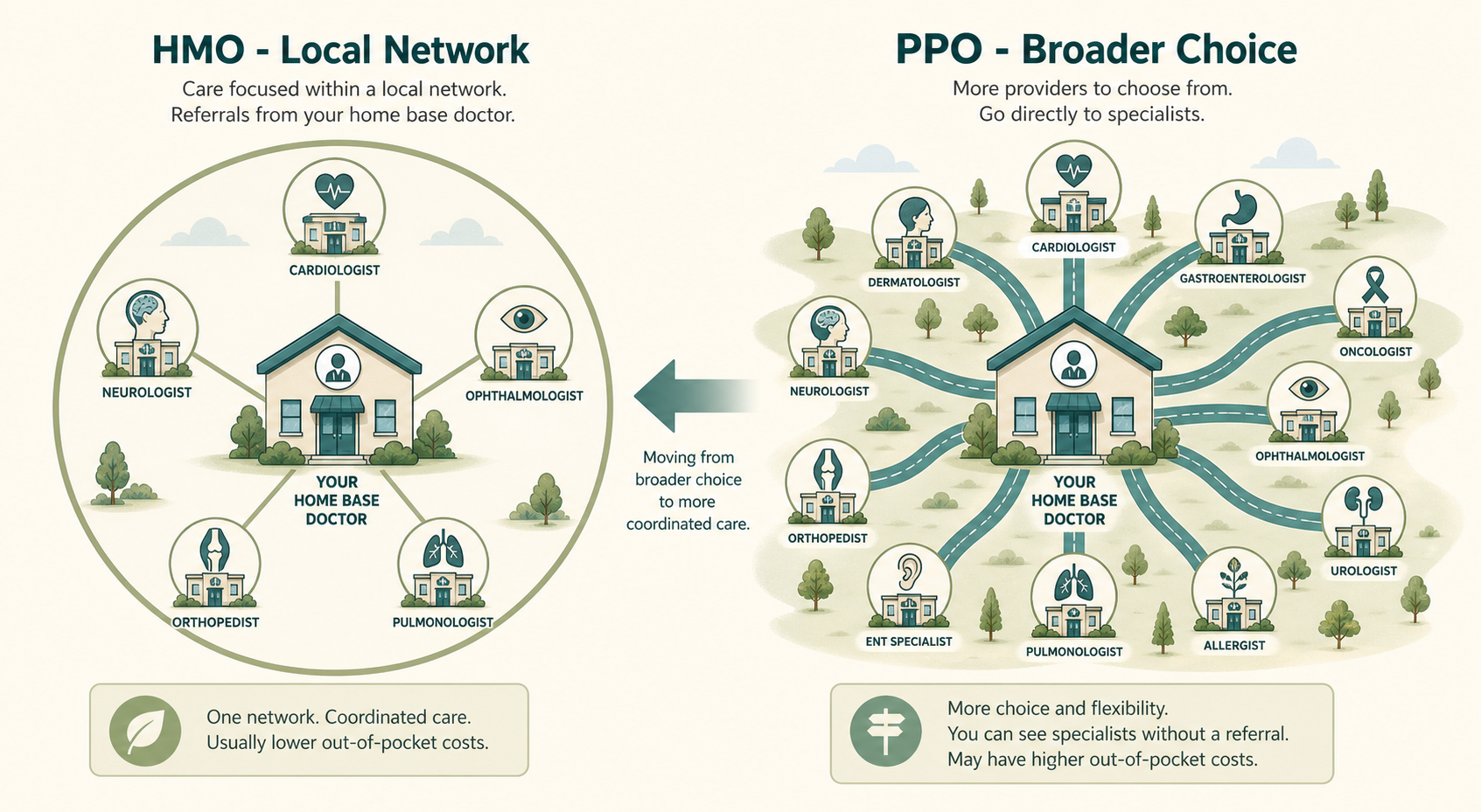An editorial illustration compares HMO and PPO Medicare network structures. Left side shows an HMO concept with a central doctor building and thin pathways to a small cluster of local specialists within a circular boundary, labeled 'HMO - Local Network'. Right side shows a PPO concept with a central building and many thick pathways radiating to numerous specialists across a wide area, labeled 'PPO - Broader Choice'.