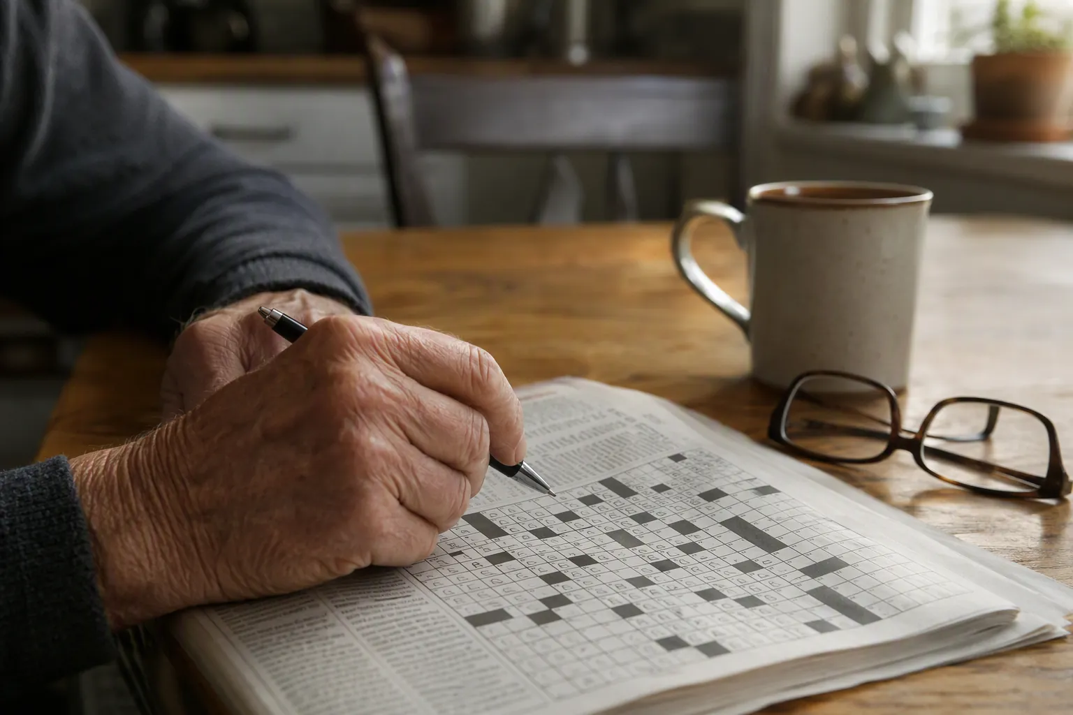 Older adult holding a pen over a partially completed newspaper crossword at a kitchen table