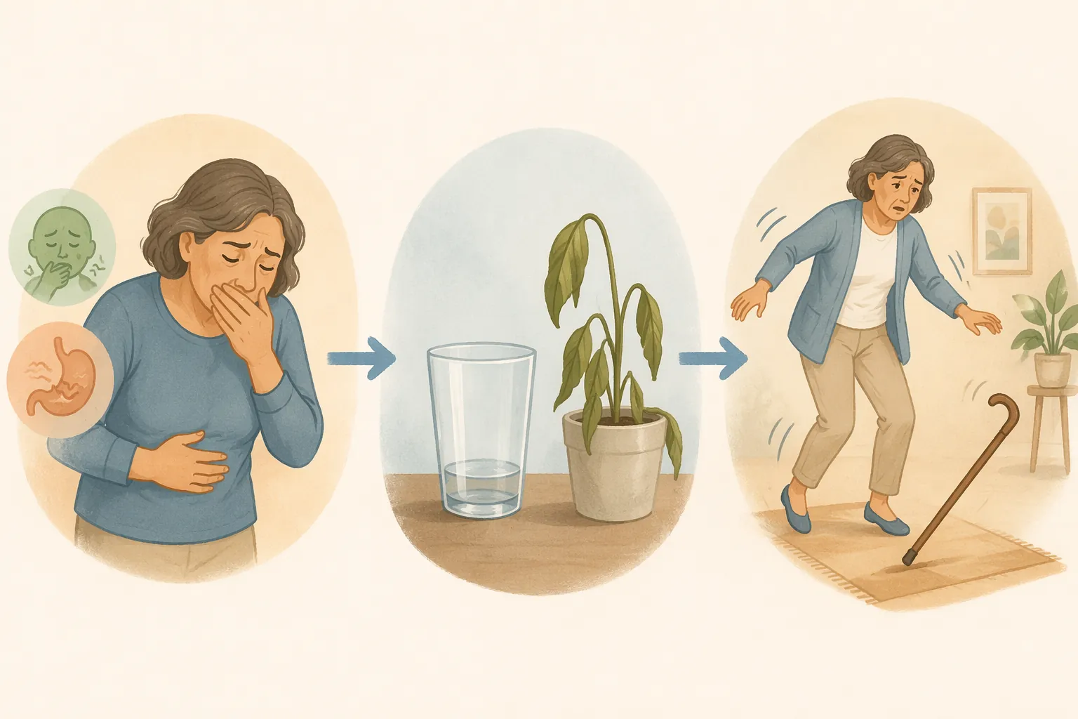 Illustration showing nausea leading to dehydration and increased fall risk
