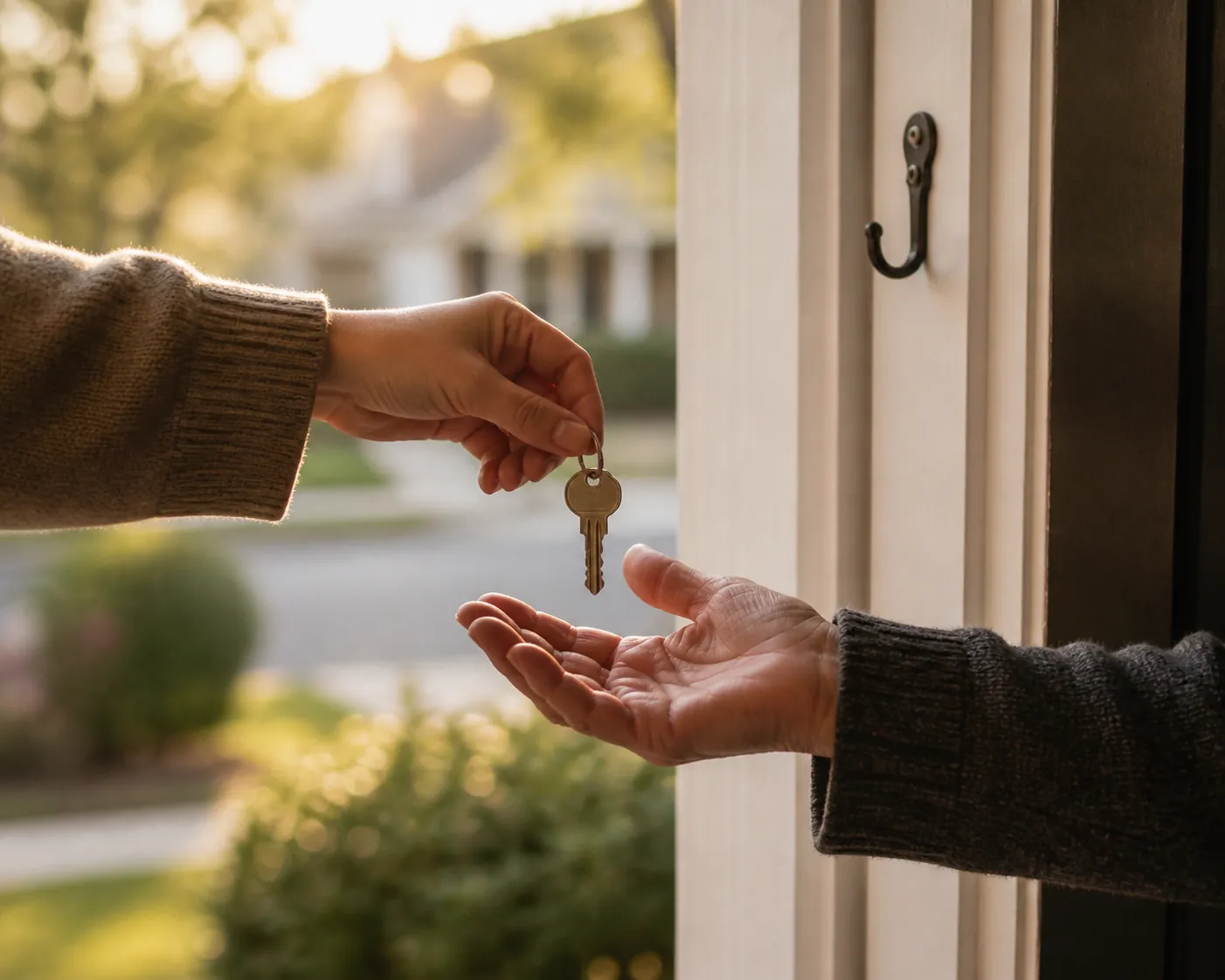 A younger adult gives a spare house key to an older neighbor at a front doorway