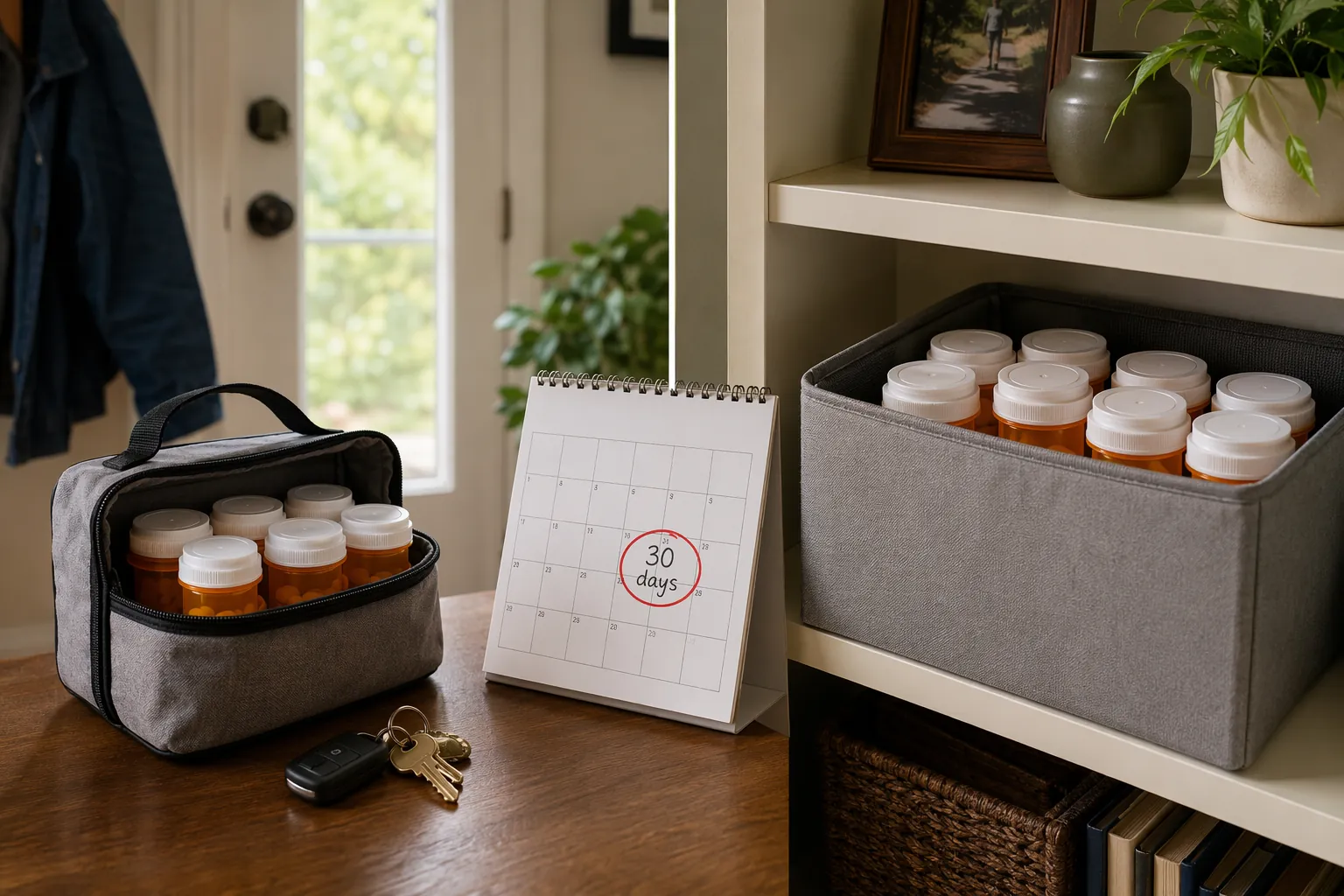 Prescription medications divided between a grab-and-go bag and a larger home supply with a 30-day calendar reminder
