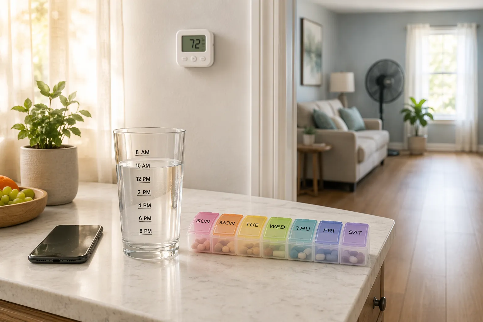 Kitchen counter with a marked water glass, pill organizer, thermostat, clear walking path, fan, and phone nearby