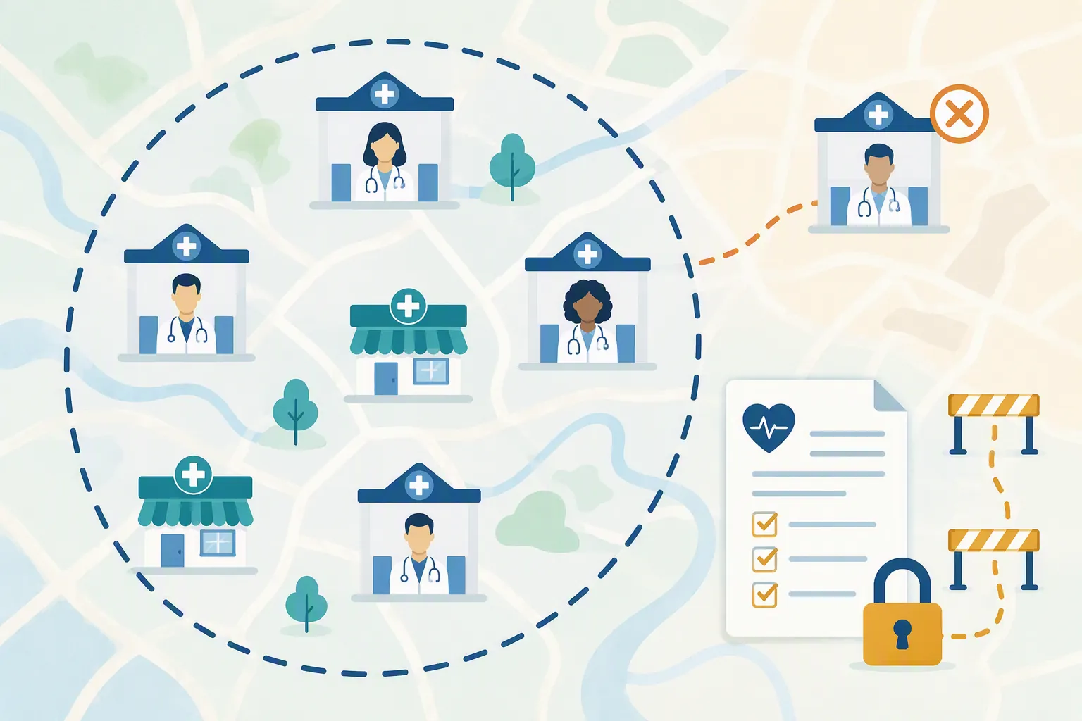 Provider network map with doctors and pharmacies inside a boundary, one doctor outside it, and a locked authorization form