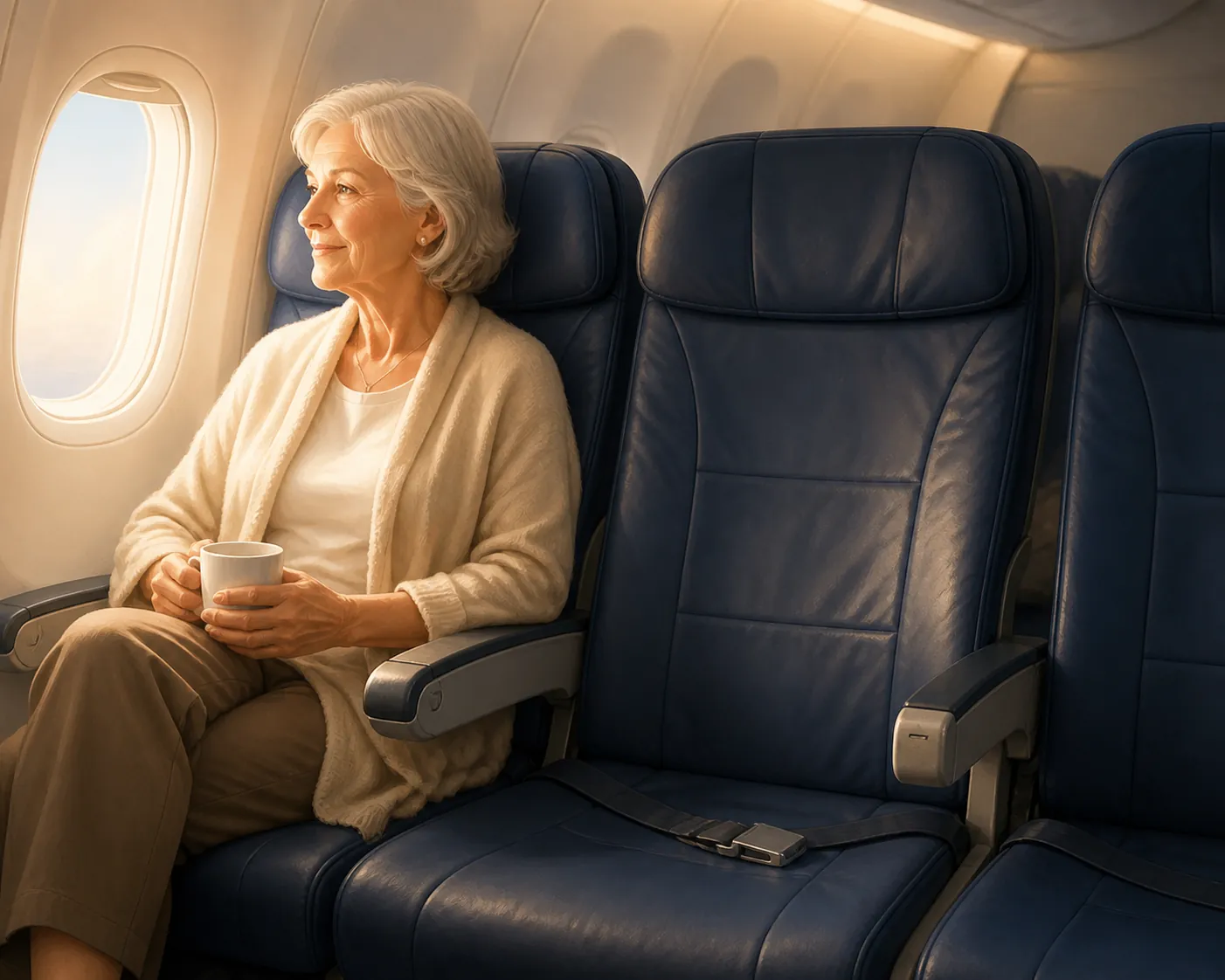 Elderly woman seated by an airplane window with the middle seat beside her empty