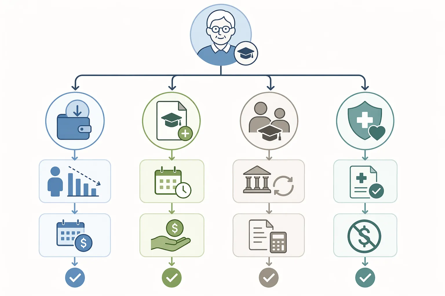 Decision flowchart showing income-based repayment, repayment assistance plan, Parent PLUS options, and disability discharge for senior borrowers.