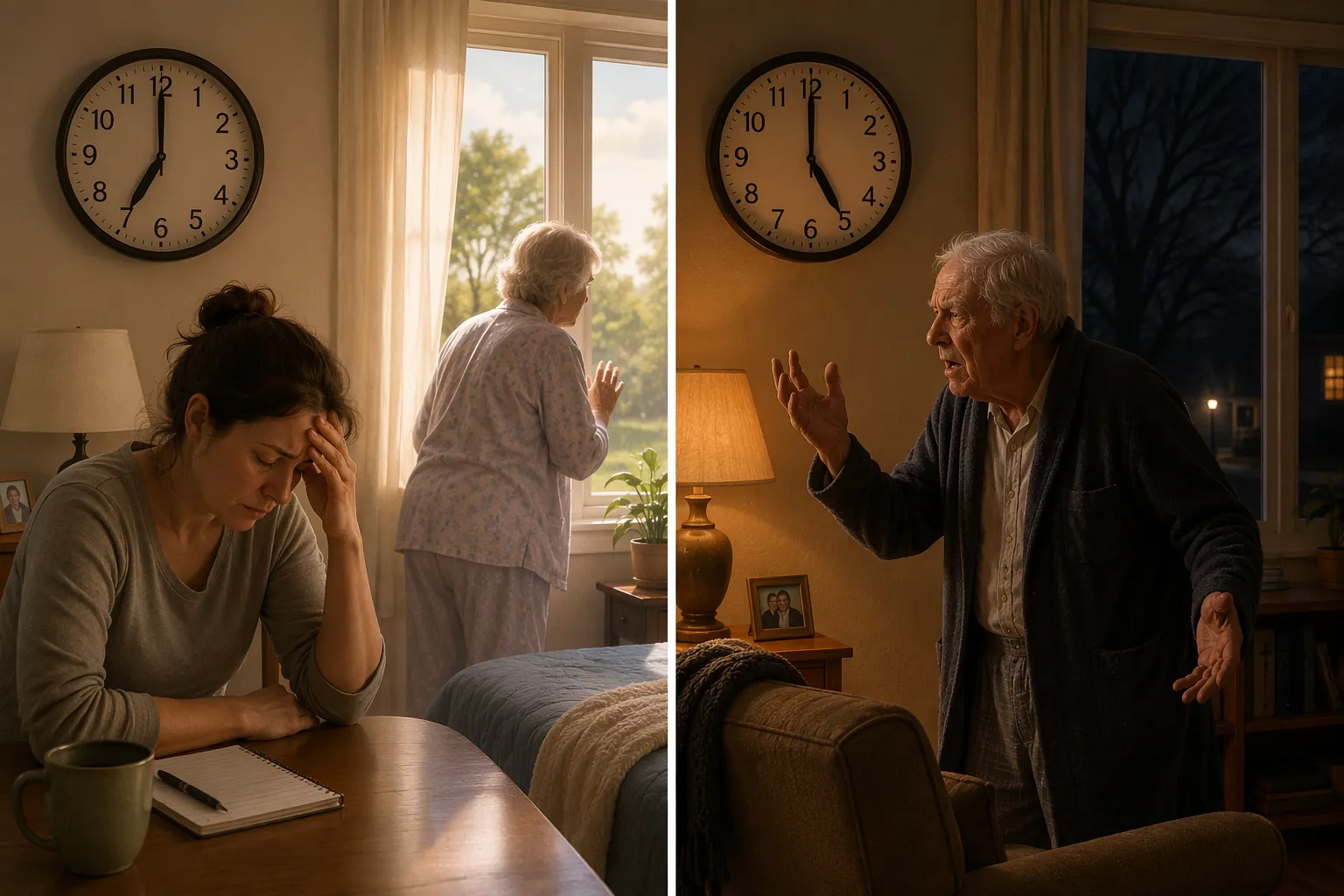 Split-screen illustration comparing spring-forward sleep loss with fall-back earlier darkness and agitation in dementia care