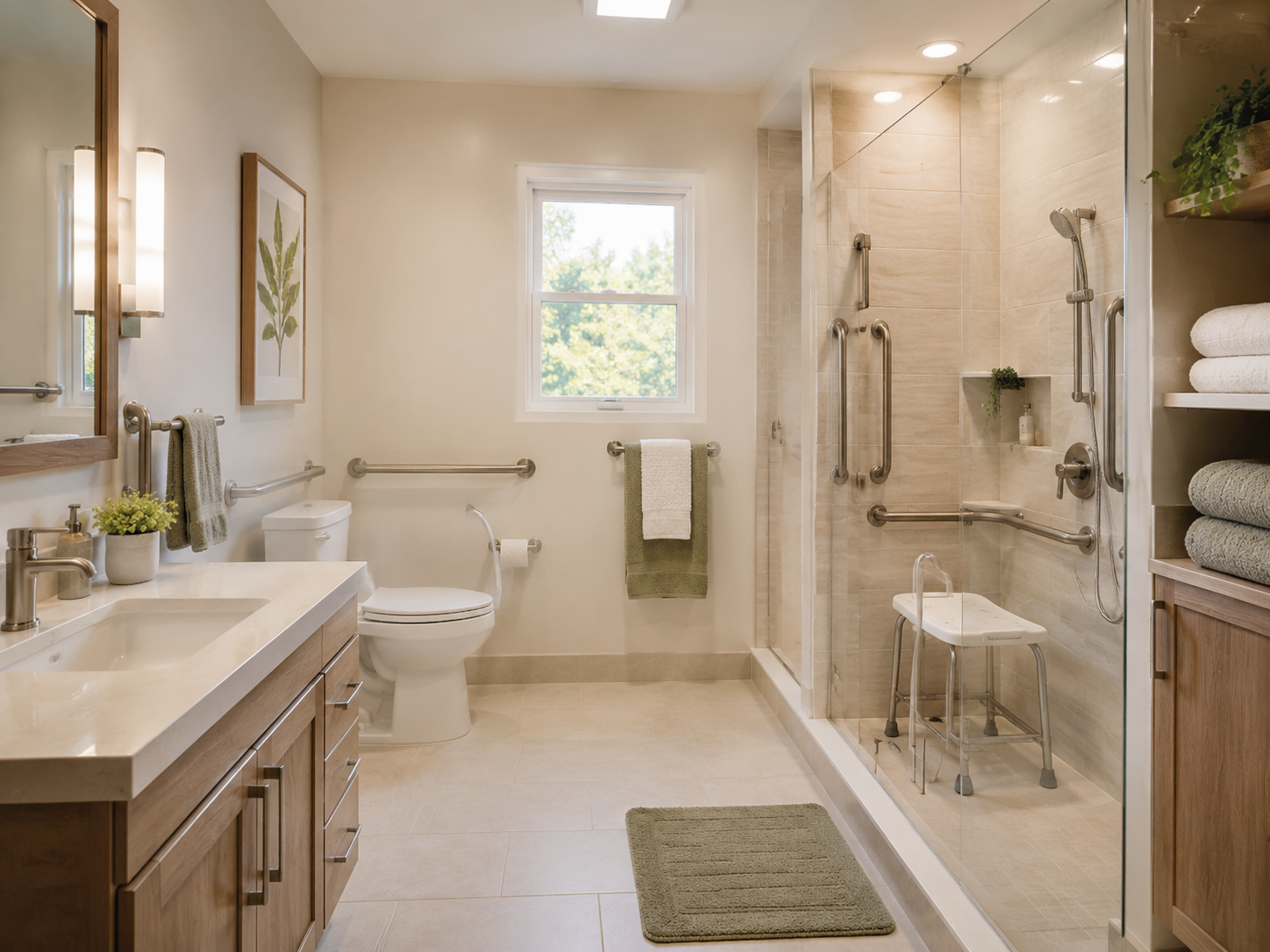 A well-lit bathroom prepared with grab bars, a shower seat, a non-slip mat, and clear floor space for an elderly guest