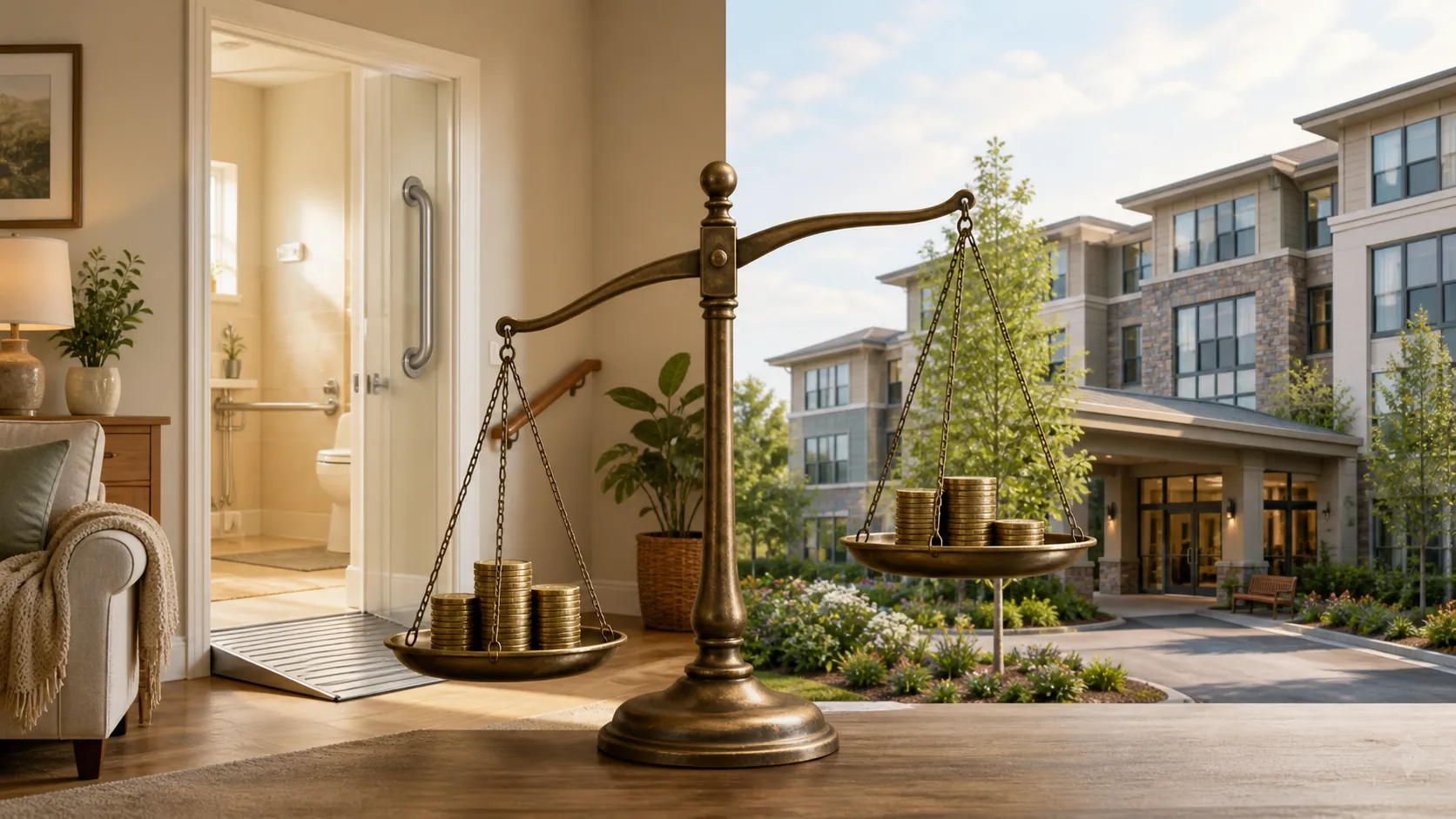 Split illustration of a modified home and a senior-living residence with a balance scale and coin stacks