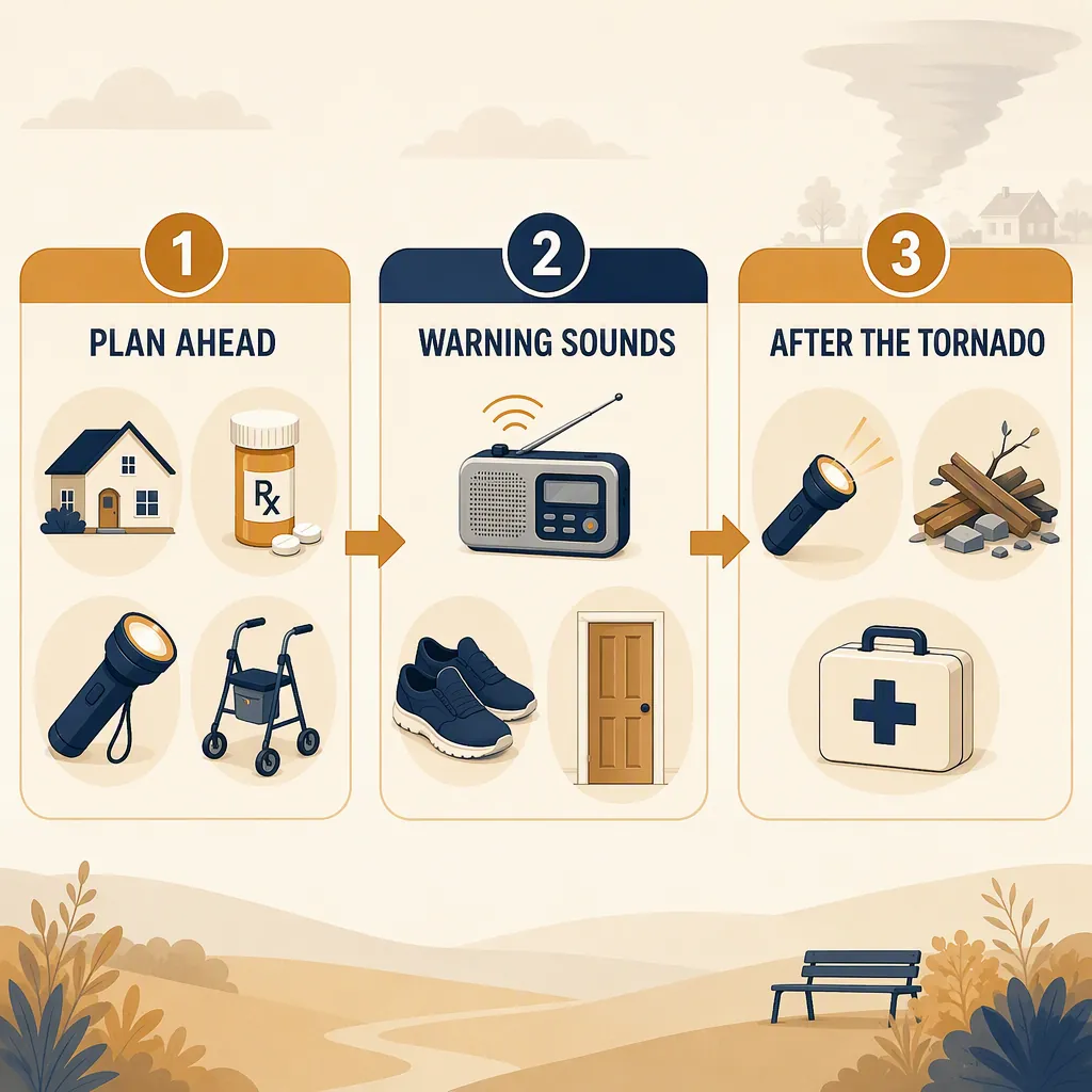 Three-phase tornado safety flow showing plan ahead, warning sounds, and after the tornado