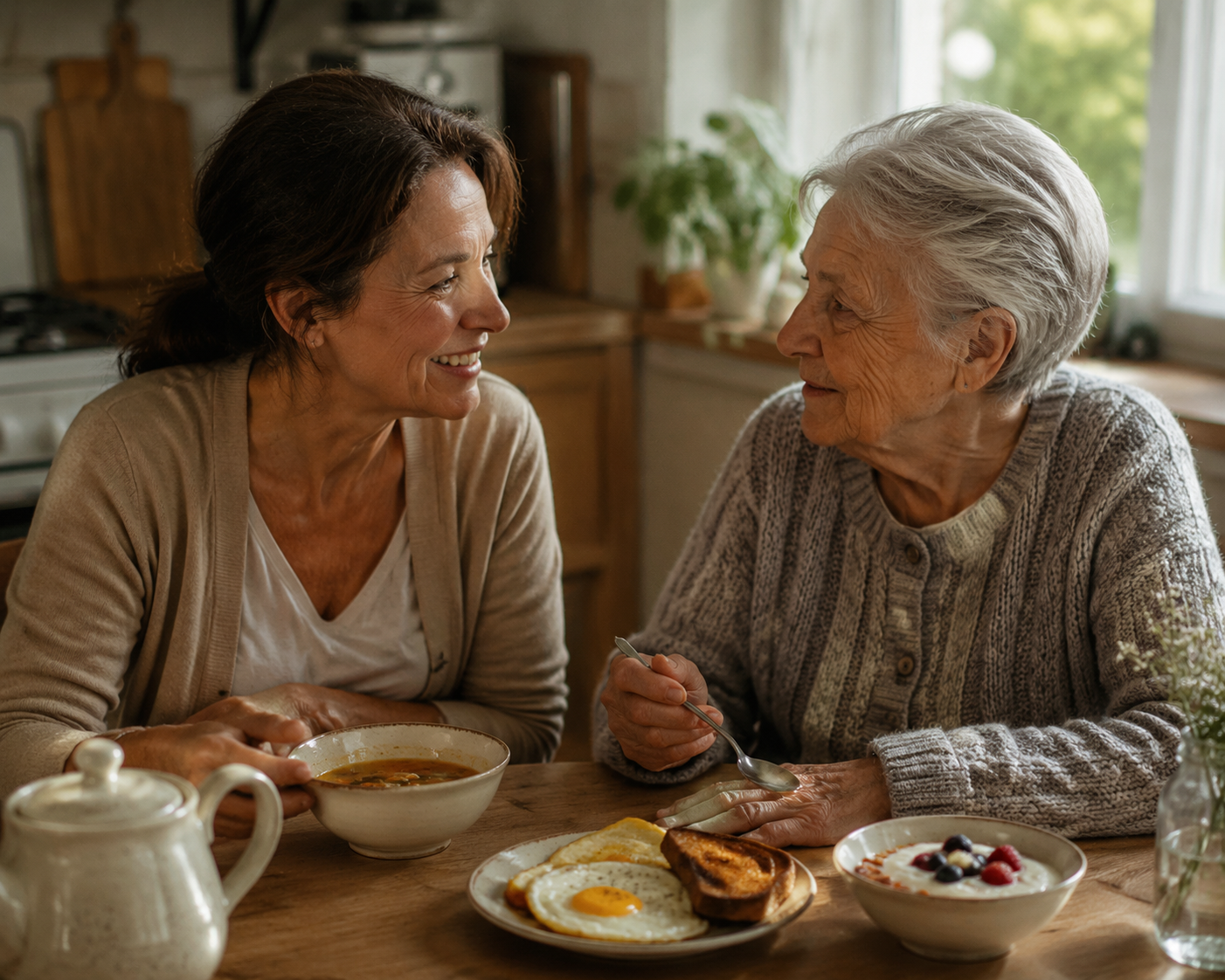 Middle-aged adult daughter and elderly mother sharing soup, eggs, toast, yogurt with berries, and tea at a kitchen table