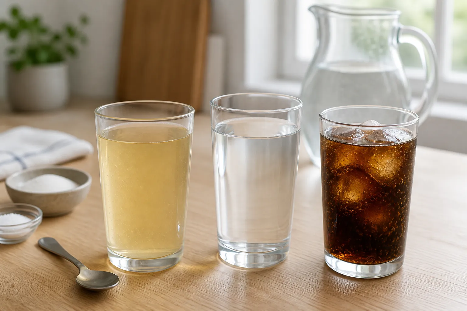 Electrolyte rehydration solution, plain water, and sugary soda shown side by side