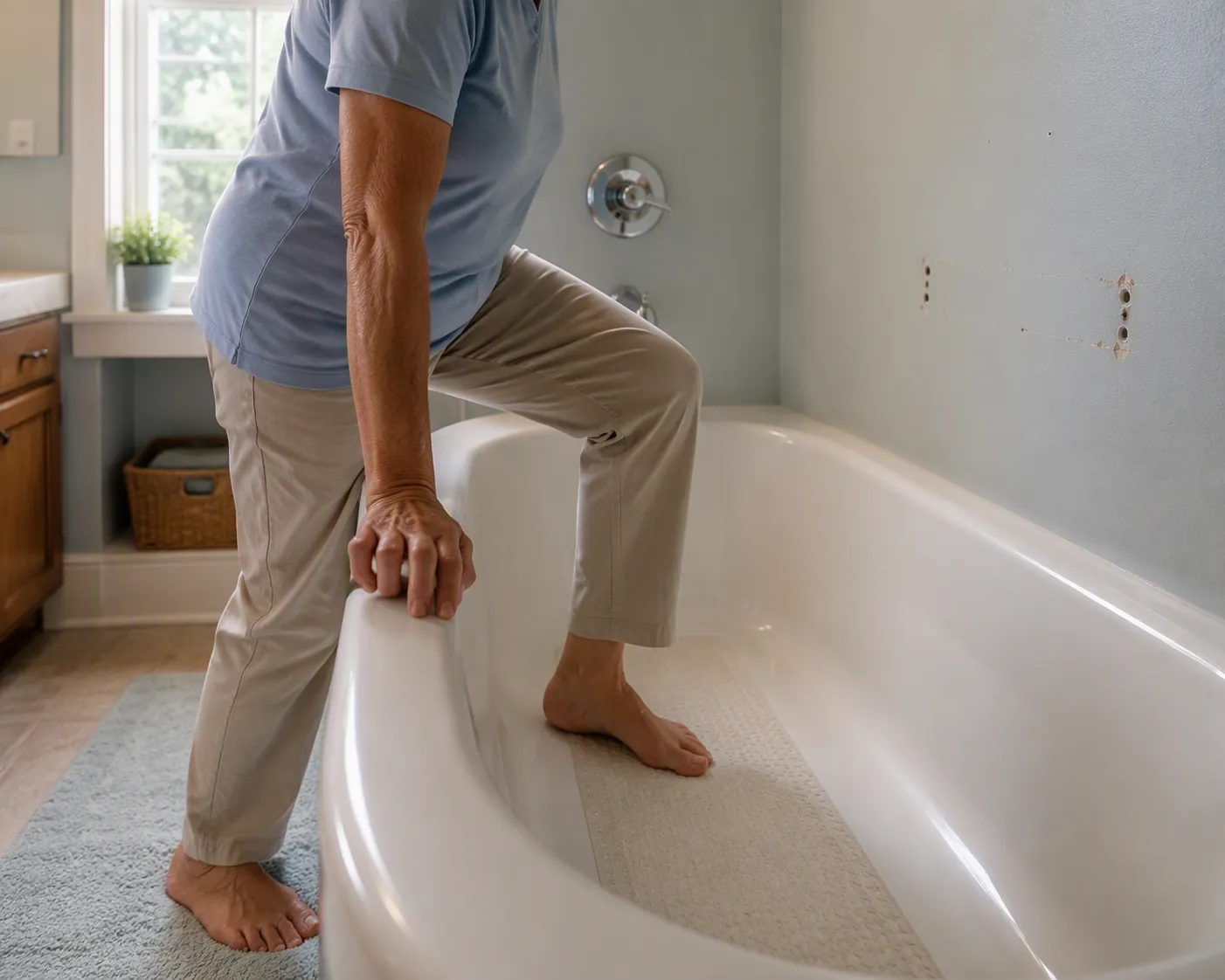 Bathroom safety assessment showing a bathtub, non-slip mat, and wall area where a grab bar could be installed