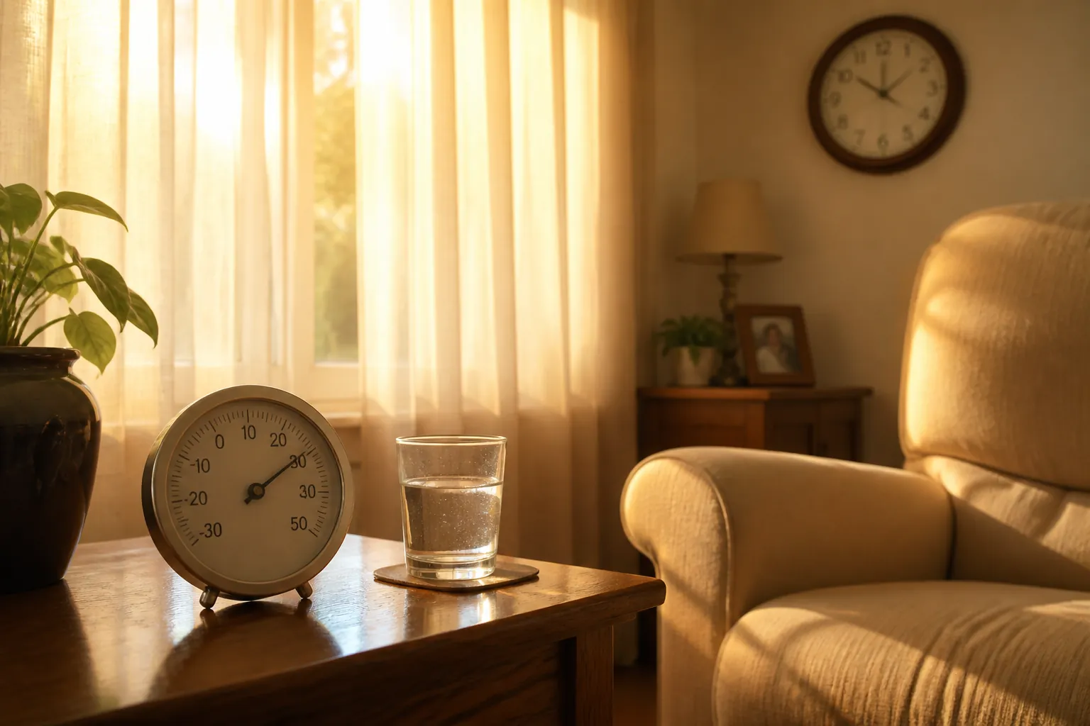 Senior living room during an afternoon heat wave with drawn curtains and a room thermometer on a side table