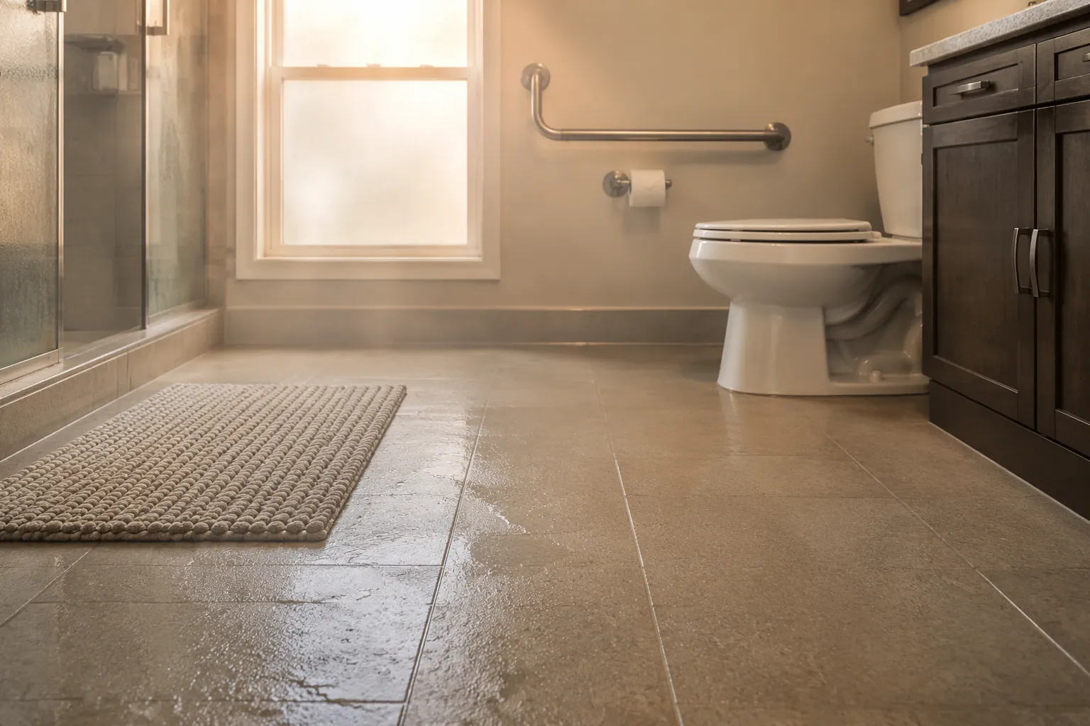Bathroom with condensation, a grab bar, and a textured non-slip mat during humid weather
