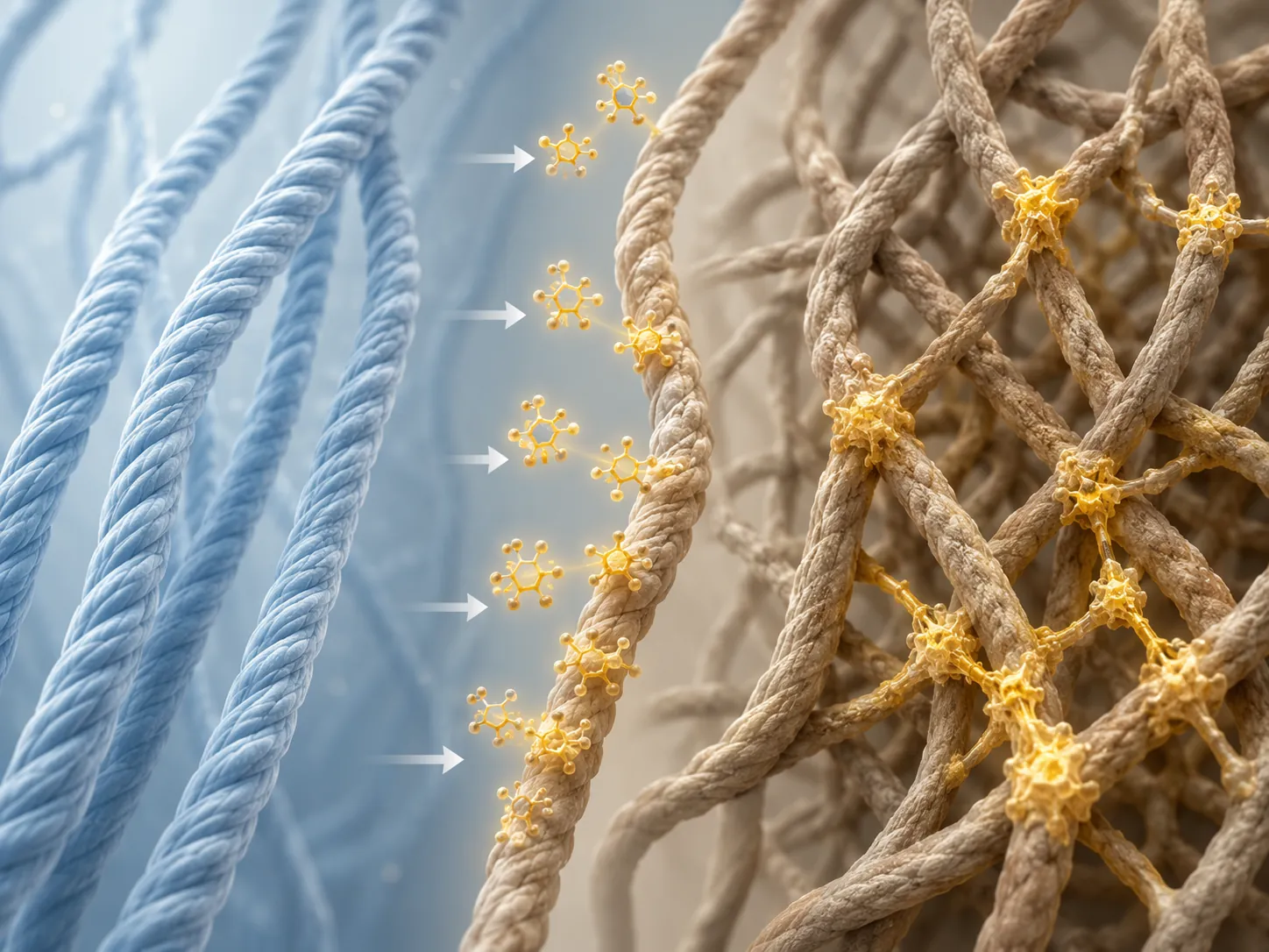 Conceptual close-up of protein fibers with sugar-related AGE changes beside cleaner protein fibers
