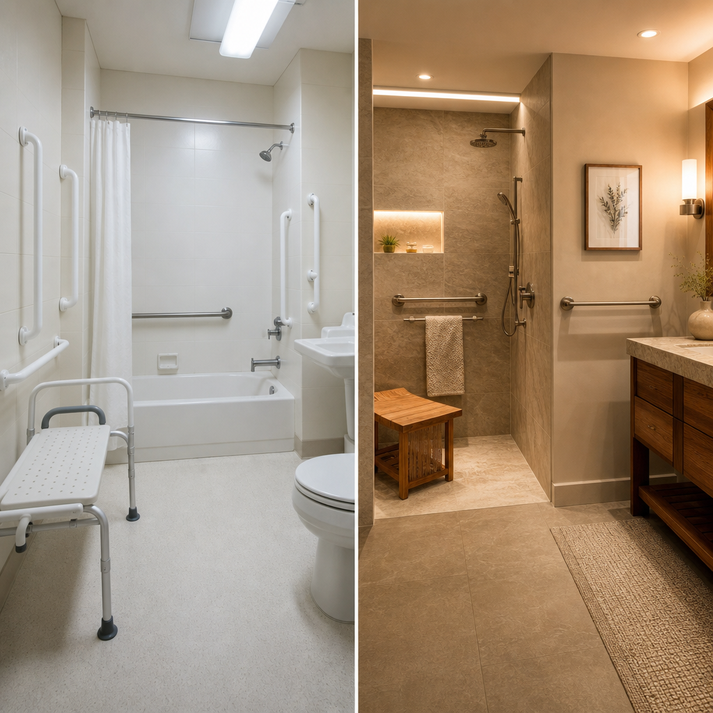 Split comparison showing an institutional bathroom with metal rails and plastic bench on the left, and a warm residential bathroom with decorative grab bars and natural materials on the right.