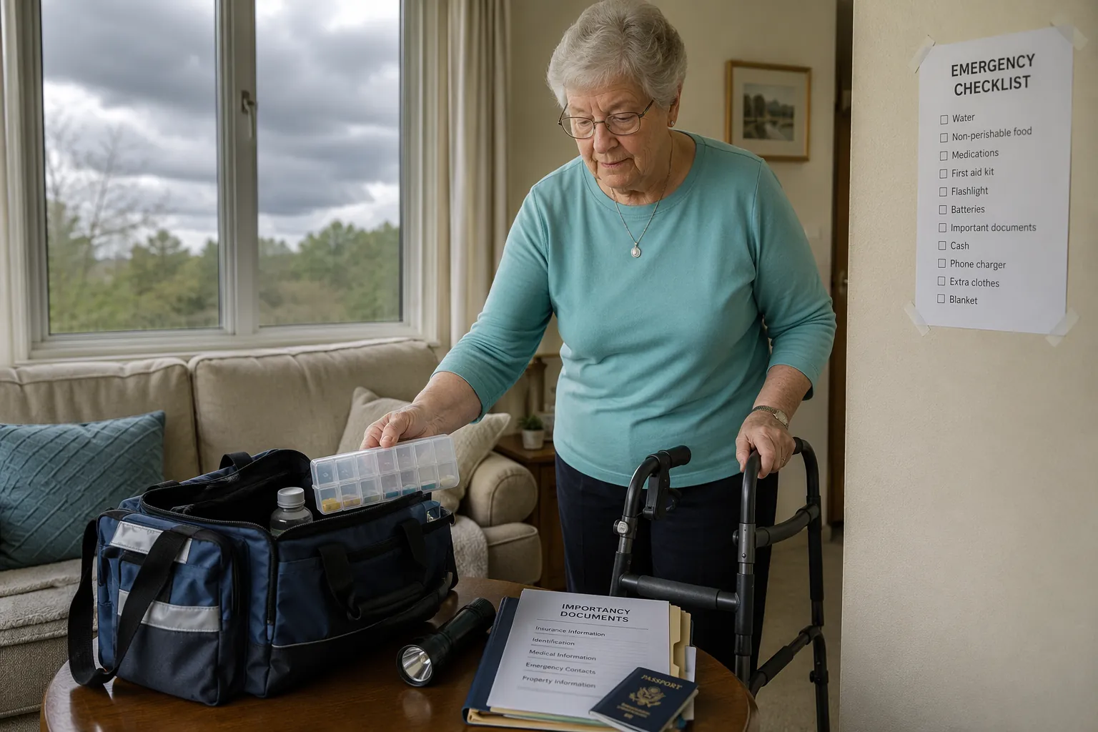 Senior woman packing an emergency go-bag with medication, flashlight, documents, and a printed checklist nearby