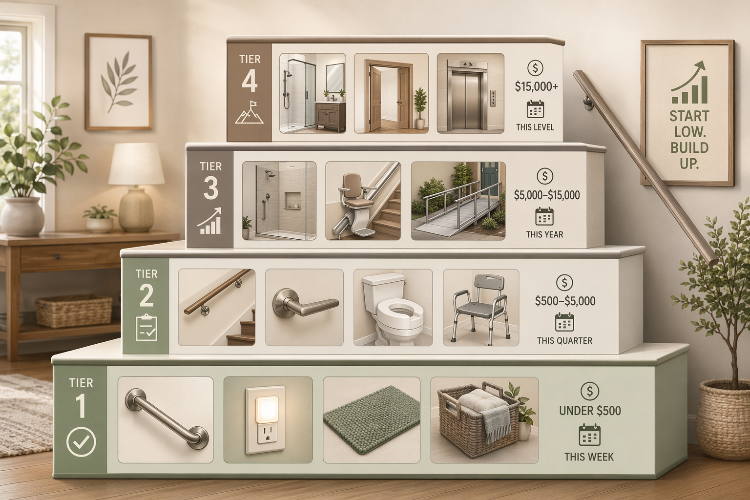 A four-tier staircase illustration: Tier 1 (base, largest) shows grab bar, night-light, nonslip mat, decluttering icons — under $500; Tier 2 shows handrail, lever handle, toilet riser, shower chair — $500–$5,000; Tier 3 shows walk-in shower, stair lift, entry ramp — $5,000–$15,000; Tier 4 (top) shows bathroom renovation, doorway widening, elevator — $15,000+.