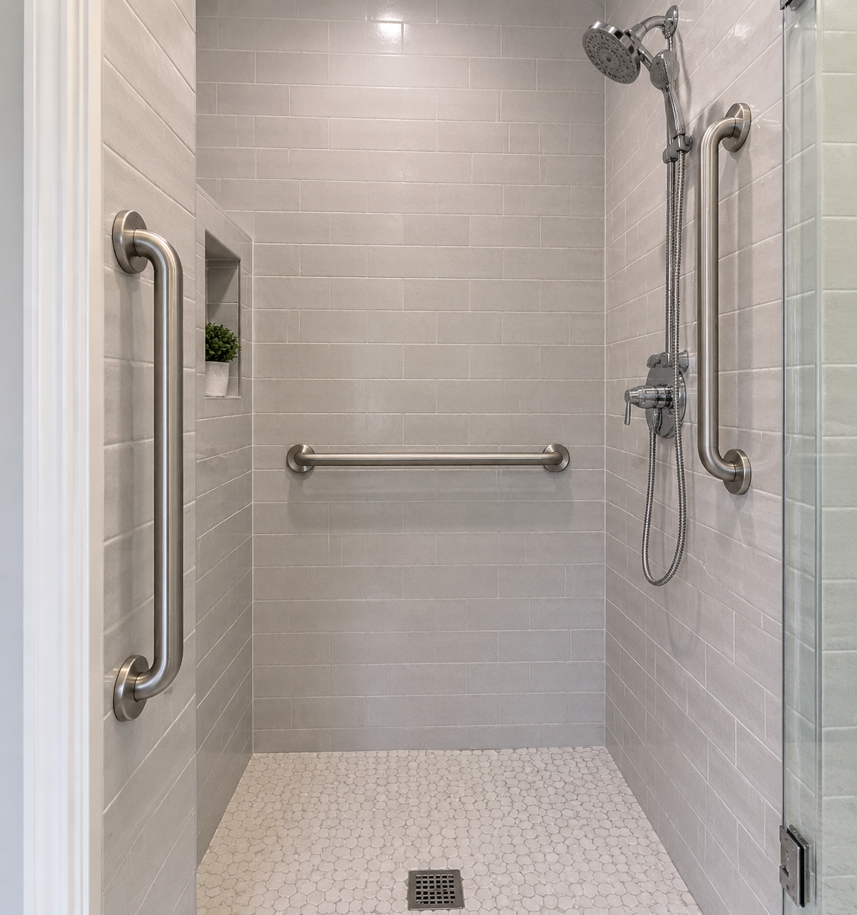 Walk-in shower with vertical entry bar, horizontal back-wall bar, and vertical bar under the shower head
