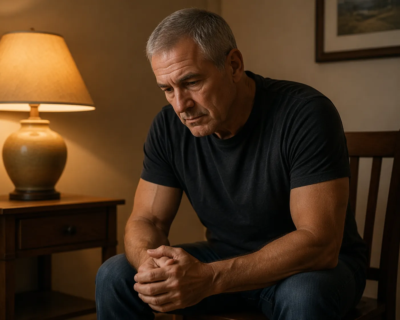 Older athletic man seated in warm light with a thoughtful expression