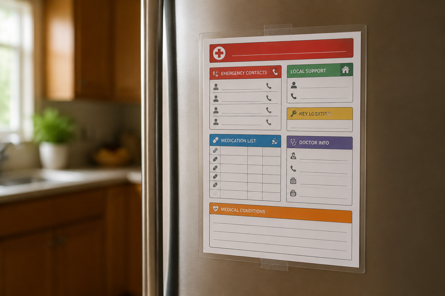 Laminated one-page emergency response card on a refrigerator with contacts and medication information