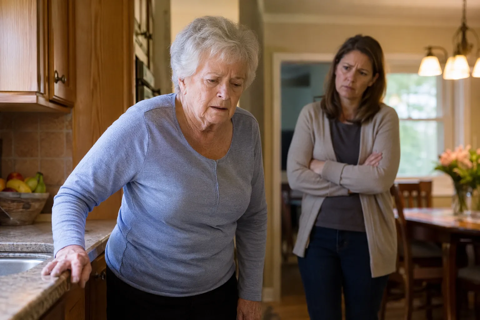 An older adult in a kitchen grips the counter while a concerned family member watches nearby.