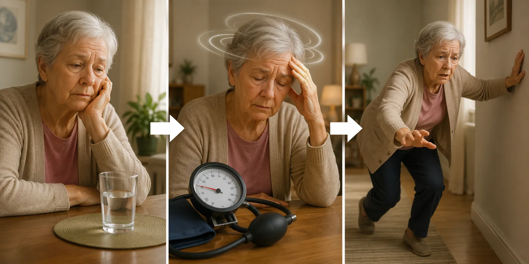 A sequence shows an older adult not drinking, then feeling dizzy with low blood pressure, then losing balance near a wall.